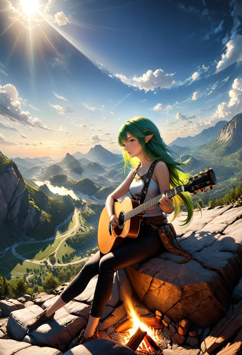 Arte De Fantasía, arte de rol, a female elf jugando (guitarra de éter: 1.3), ella se sienta en la cima de la montaña por la noche, exquisita y hermosa elfa, (Pelo verde: 1.4), pelo largo, (blue eyes: 1.30, usar ropa dinámica, jugando (guitarra de éter: 1.3) AetherpunkAI, cerca de una fogata, en la cima de una montaña de fantasía ,luna, estrellas, nubes, rayos de Dios, luz natural suave, ángulo dinámico, photorealism, Vista panorámica, ultra mejor realista, mejores detalles, 16k, [ultra detallado], obra maestra, mejor calidad, (extremadamente detallado), photorealism, Estilo cinematográfico de Hollywood