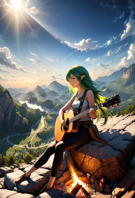 fantasy art, RPG art, a female elf playing (aether guitar: 1.3), she sits on the top of the mountain at night, exquisite beautif...