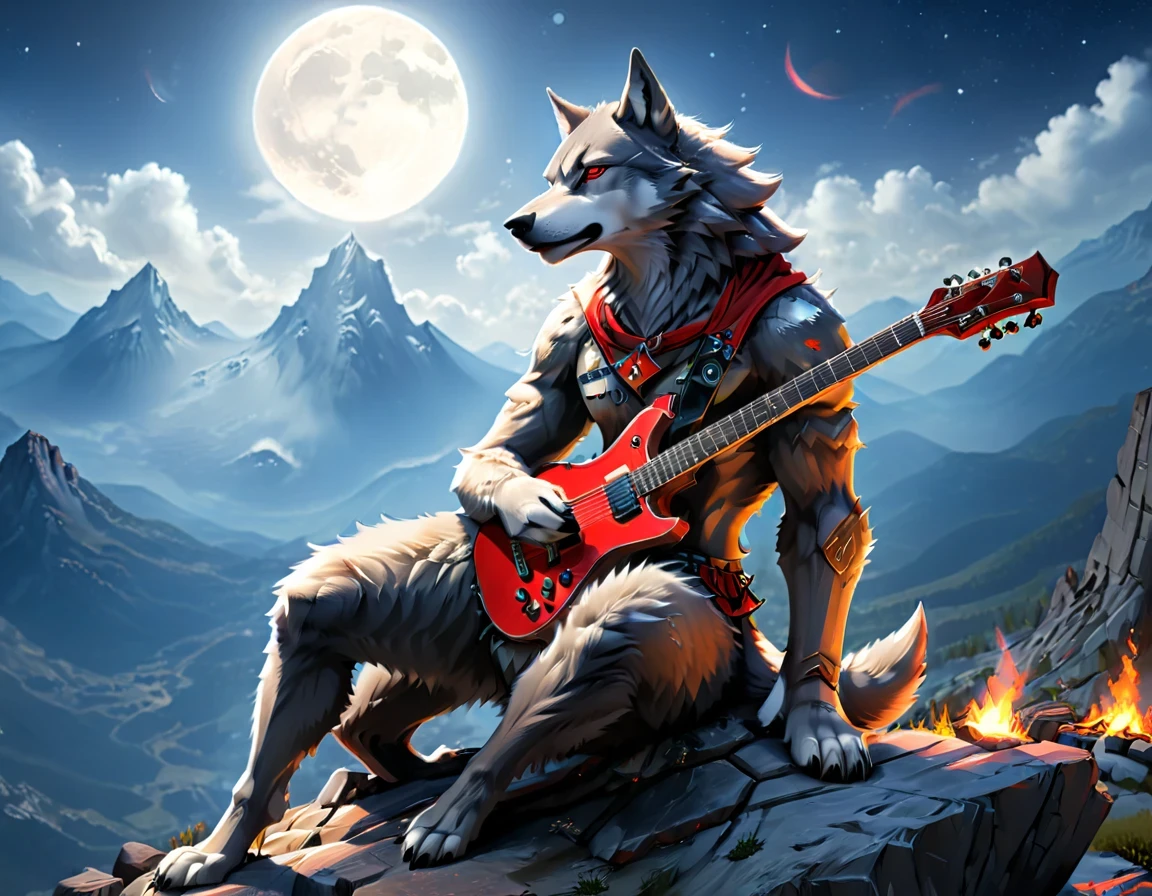 Arte De Fantasía, arte de rol, a (lobo antropomorfo: 1.5) jugando (guitarra de éter: 1.3), él se sienta en la cima de la montaña por la noche, Fuerte musculosidad(lobo antropomorfo: 1.5), color de piel dinámico. (ojos rojos: 1.30, Agotador (ropa dinámica: 1.5), jugando (guitarra de éter: 1.3) AetherpunkAI, cerca de una fogata, en la cima de una montaña de fantasía , Luna llena, estrellas, nubes, rayos de Dios, luz natural suave, ángulo dinámico, photorealism, Vista panorámica, ultra mejor realista, mejores detalles, 16k, [ultra detallado], obra maestra, mejor calidad, (extremadamente detallado), photorealism, Estilo cinematográfico de Hollywood