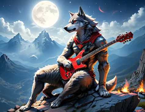 fantasy art, rpg art, a (wolf anthromorphic: 1.5) playing (aether guitar: 1.3), he sits on the top of the mountain at night, str...