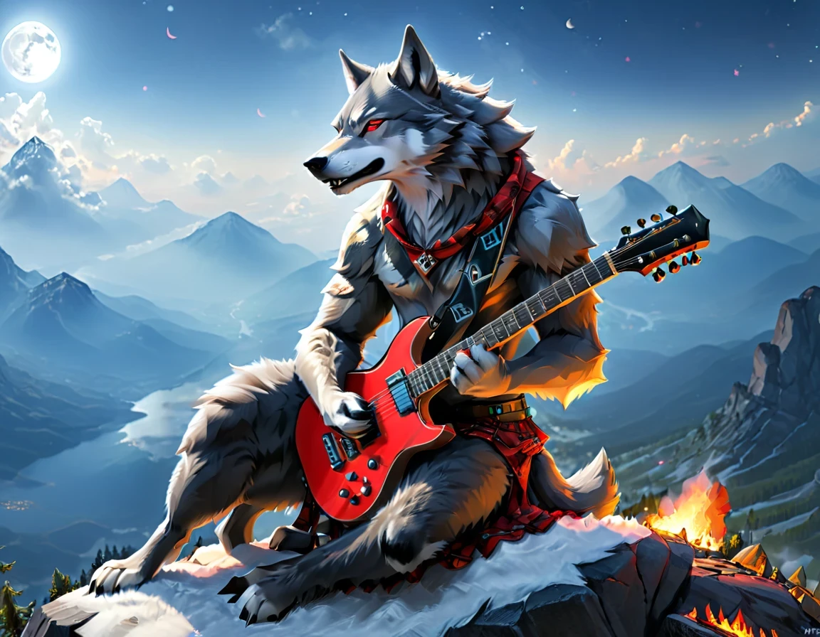 Arte De Fantasía, arte de rol, a (lobo antropomorfo: 1.5) jugando (guitarra de éter: 1.3), él se sienta en la cima de la montaña por la noche, Fuerte musculosidad(lobo antropomorfo: 1.5), color de piel dinámico. (ojos rojos: 1.30, Agotador (ropa dinámica: 1.5), jugando (guitarra de éter: 1.3) AetherpunkAI, cerca de una fogata, en la cima de una montaña de fantasía , Luna llena, estrellas, nubes, rayos de Dios, luz natural suave, ángulo dinámico, photorealism, Vista panorámica, ultra mejor realista, mejores detalles, 16k, [ultra detallado], obra maestra, mejor calidad, (extremadamente detallado), photorealism, Estilo cinematográfico de Hollywood