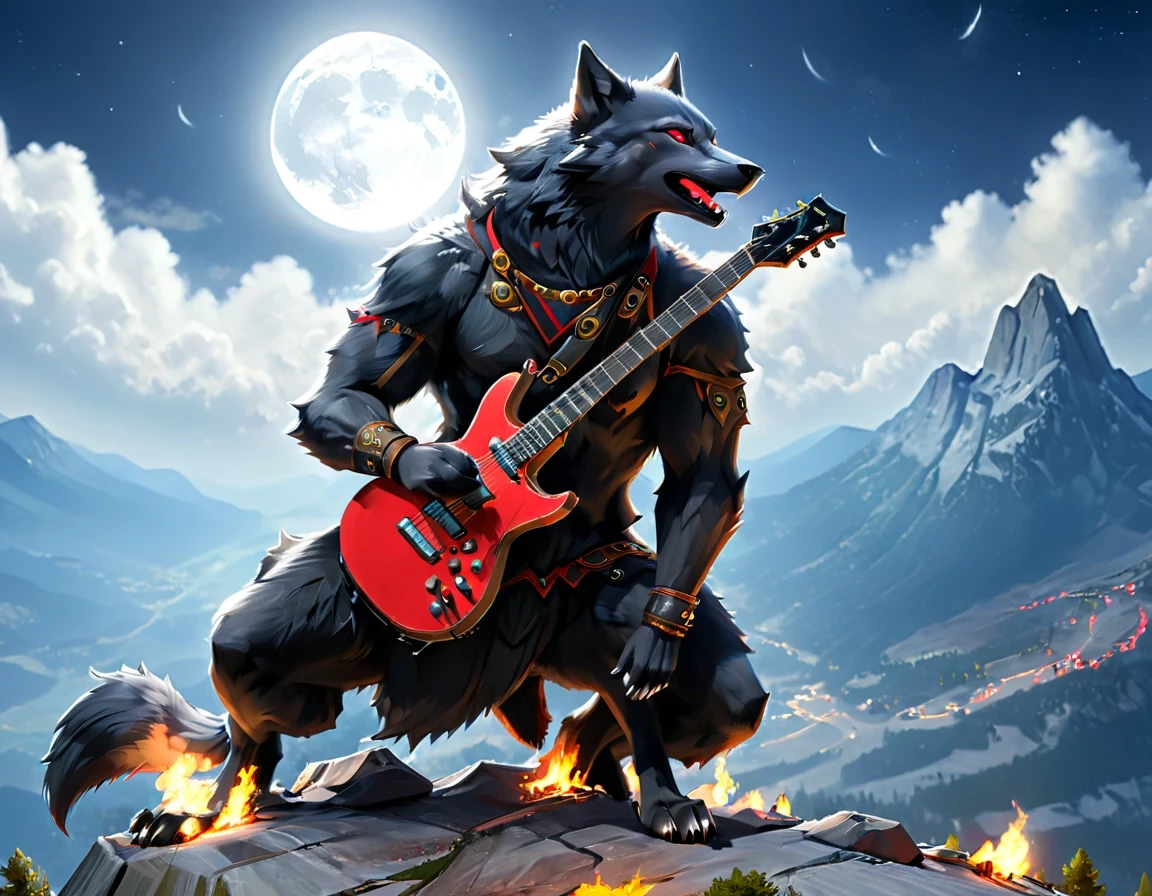 fAntAsy Art, RPG Art, A (wolf Anthromorphic: 1.5) plAying (Aether guitAr: 1.3), he sits on the top of the mountAin At night, strong musculAr(wolf Anthromorphic: 1.5), dynAmic fur color. (红眼睛: 1.30, weAring (dynAmic clothing: 1.5), plAying (Aether guitAr: 1.3) AetherpunkAi, neAr A cAmp fire, on top of A fAntAsy mountAin , 满月, stArs, 云, god rAys, soft nAturAl light, dynAmic Angle, photoreAlism, pAnorAmic view, ultrA best reAlistic, best detAils, 16千, [ultrA detAiled], mAsterpiece, best quAlity, (extremely detAiled), photoreAlism, CinemAtic Hollywood Film style