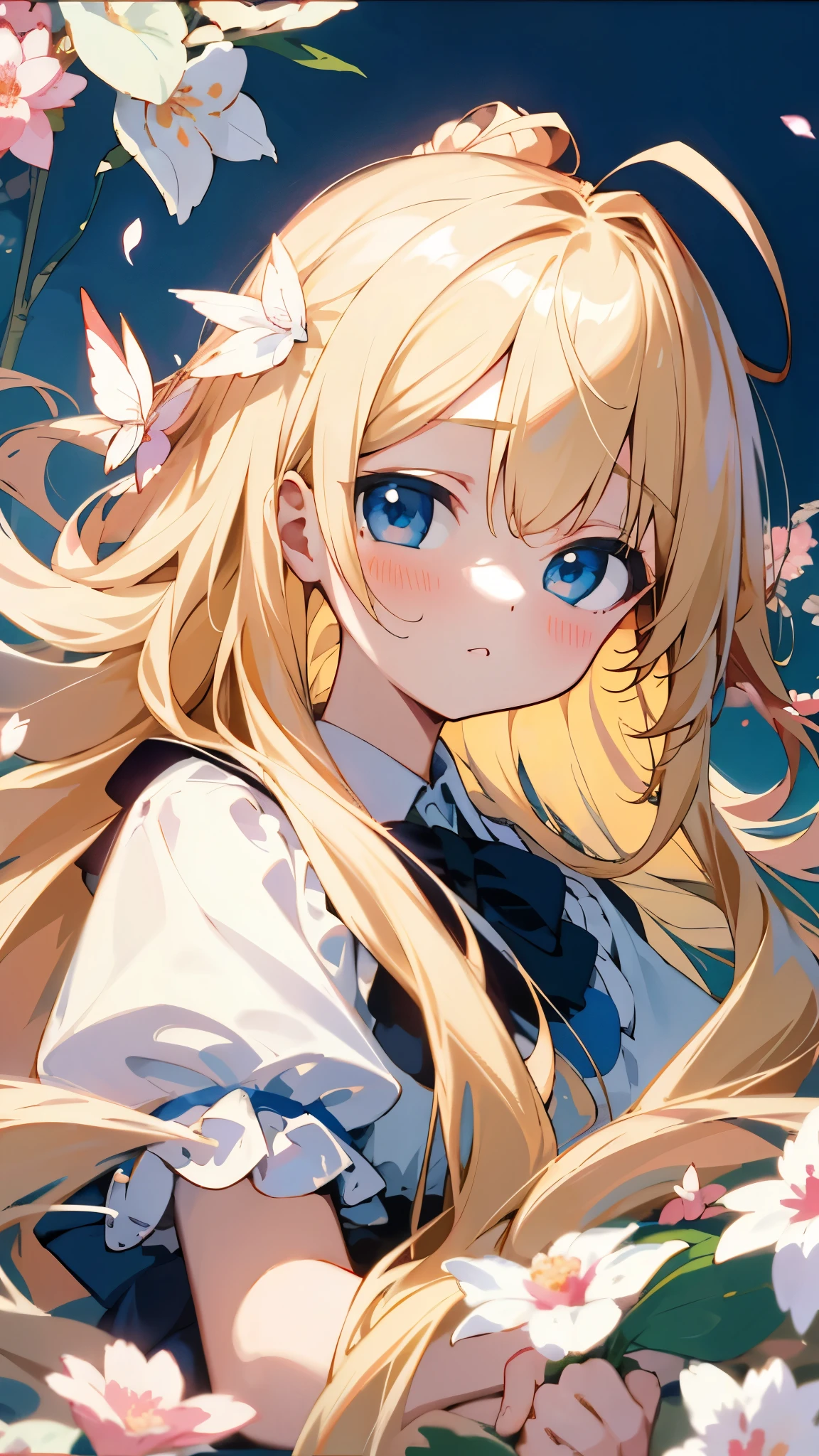 Anime girl with long blonde hair and blue eyes in a field of flowers