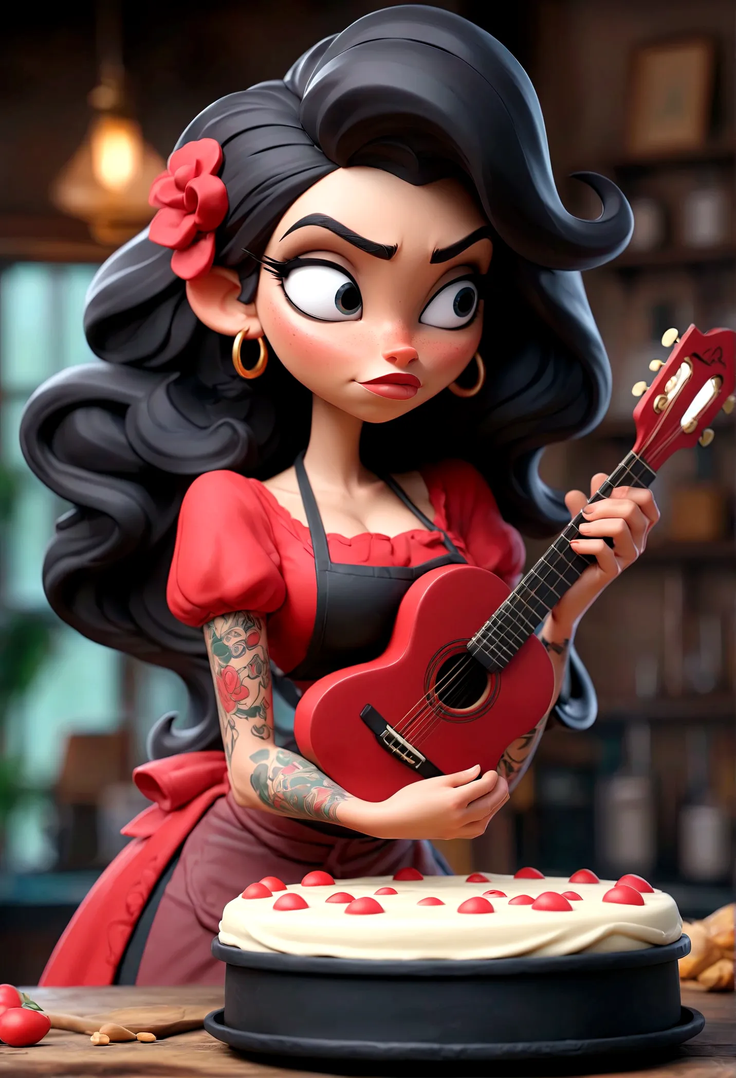 Uma mulher tatuada，（[Vermelho|preto]cabelo），Long cabelo，Wearing a preto colored apron，Segurando uma guitarra brilhante，cozinha，b...