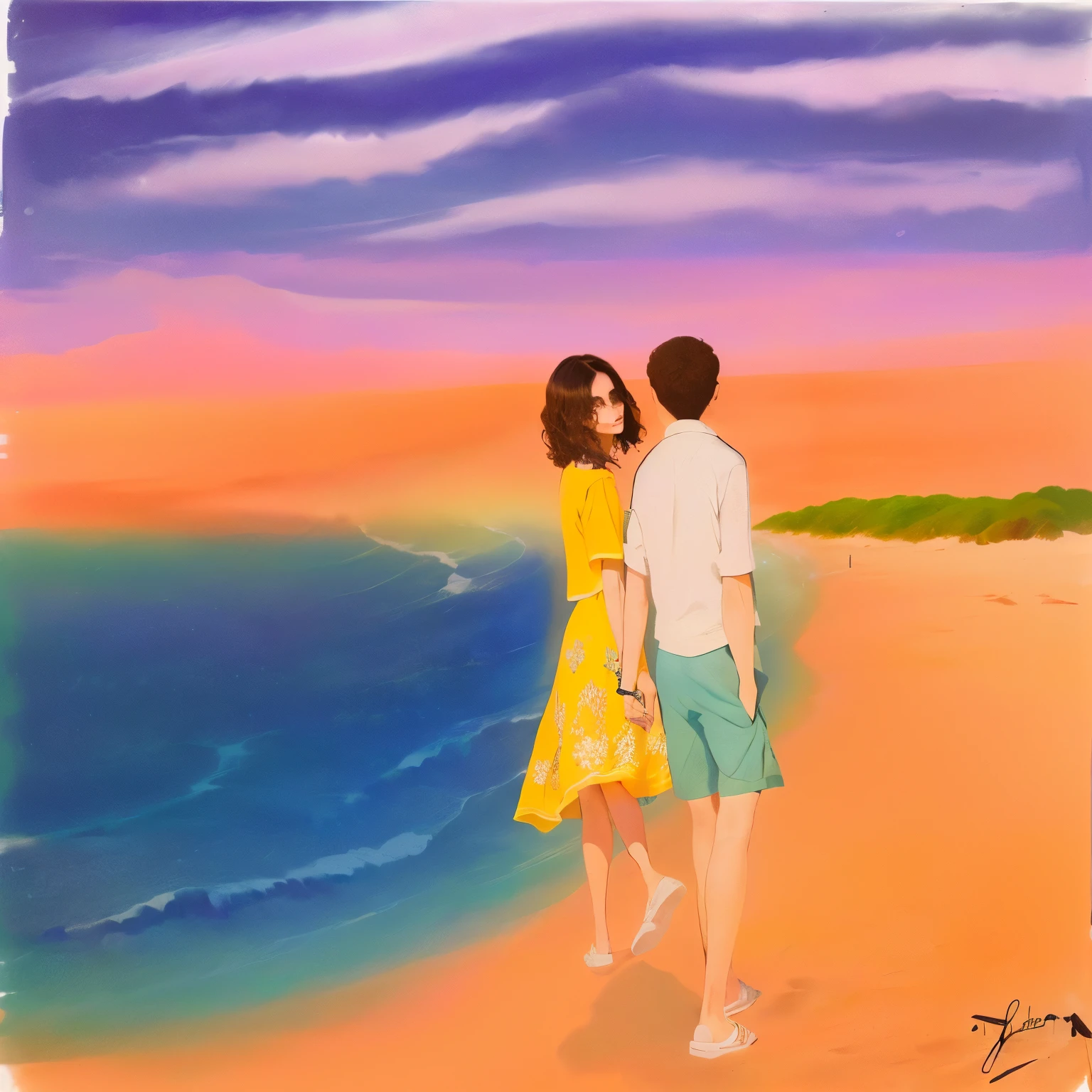 日没時の浜辺を歩く2人の絵画 - SeaArt AI