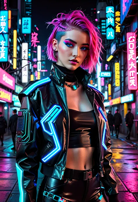 The image depicts a person with a striking cyberpunk-inspired look. The individual has a short, dyed hair style with vibrant sha...