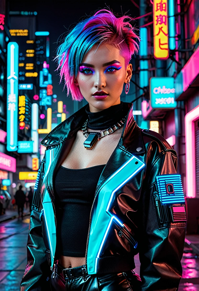 The image depicts a person with a striking cyberpunk-inspired look. The individual has a short, dyed hair style with vibrant shades of pink and blue, and their makeup is equally bold, featuring neon accents that complement the hair colors. They are wearing a black leather jacket adorned with neon pink and blue accents, giving it a futuristic, high-tech appearance. The jacket has a distinctive design with what appears to be a camera or sensor integrated into the chest area, adding to the cybernetic aesthetic.

The person is also wearing a black top with a similar neon design, and the overall outfit is completed with what seems to be a black choker necklace. The background is a cityscape at night, illuminated by neon lights, which enhances the cyberpunk theme of the image. The lighting and color grading contribute to a moody and atmospheric vibe, suggesting a setting that is both urban and otherworldly. The image is likely a creative concept or a promotional piece for a fashion or entertainment project that embraces the cyberpunk genre.