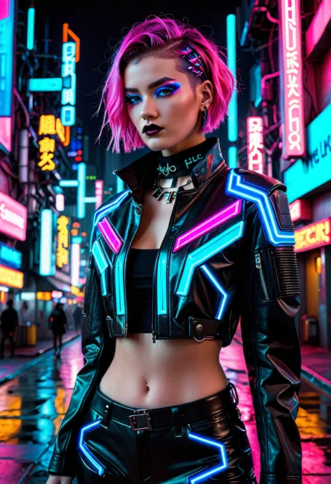 The image depicts a person with a striking cyberpunk-inspired look. The individual has a short, dyed hair style with vibrant sha...