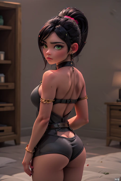 a woman with big naked buttocks poses with her back to the camera, Vanellope von Schweetz,detailed green eyes,perfect female body,(exposed breasts),(pronounced vagina),small waist,wide hips, thick thighs,photorealistic,8k,high quality,masterpiece,cinematic lighting,dramatic lighting,chiaroscuro,oil painting,hyperrealistic