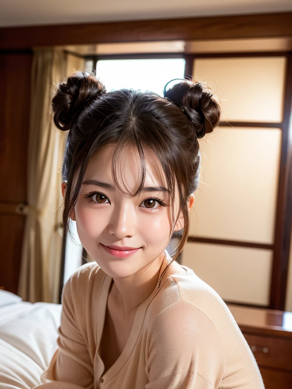 highest quality, Face Focus, Soft Light, Ultra-high resolution, (Realistic:1.4), RAW Photos,
1 Japanese girl, alone, cute, (pupil, Light in your eyes),  Beautiful face in every detail, ,(High resolution detail of human skin texture),
(double bun),
indoor,On the bed、Luxury hotel bedroom
, pajamas、open clothes、
(Portraiture)、embarrassed、blush、Smile 1.1