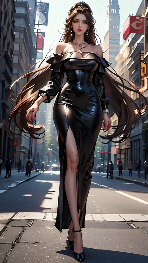 (woman standing on the streets of new york),(masterpiece, highest quality, Realistically, work, Very detailed, 8k), ((Wide-angle...