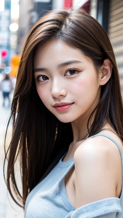 (((Close-up of face)))、(((Brown hair straight)))、(((She is posing like a hair salon model with a New York alleyway in the background.)))、(((She is wearing casual clothes suitable for early summer.。The shoulders are hidden)))、(Natural laughter:1.25)、Half Japanese, half Korean、18 year old girl、Standing Alone、Looking forward、Light eye makeup、Brown Hair Color、Flat and 、Hair blowing in the wind、Actress Quality、Glossy, ultra-realistic face、Smiling face、Watery eyes、Gazing Up、Subtle lighting effects、 Ultra-Realistic Capture、Very detailed、High resolution 16K close up of human skin。Skin texture must be natural、The details must be such that pores can be clearly seen、The skin is healthy、Uniform tone、Use natural light and colors、A worn-out, high-quality photo taken by a model agency&#39;s in-house photographer.、smile、(((SIGMA 300 mm F/1.4,1/1000 sec shutter,ISO 400)))、The background is F-stop 1..4 is blurred