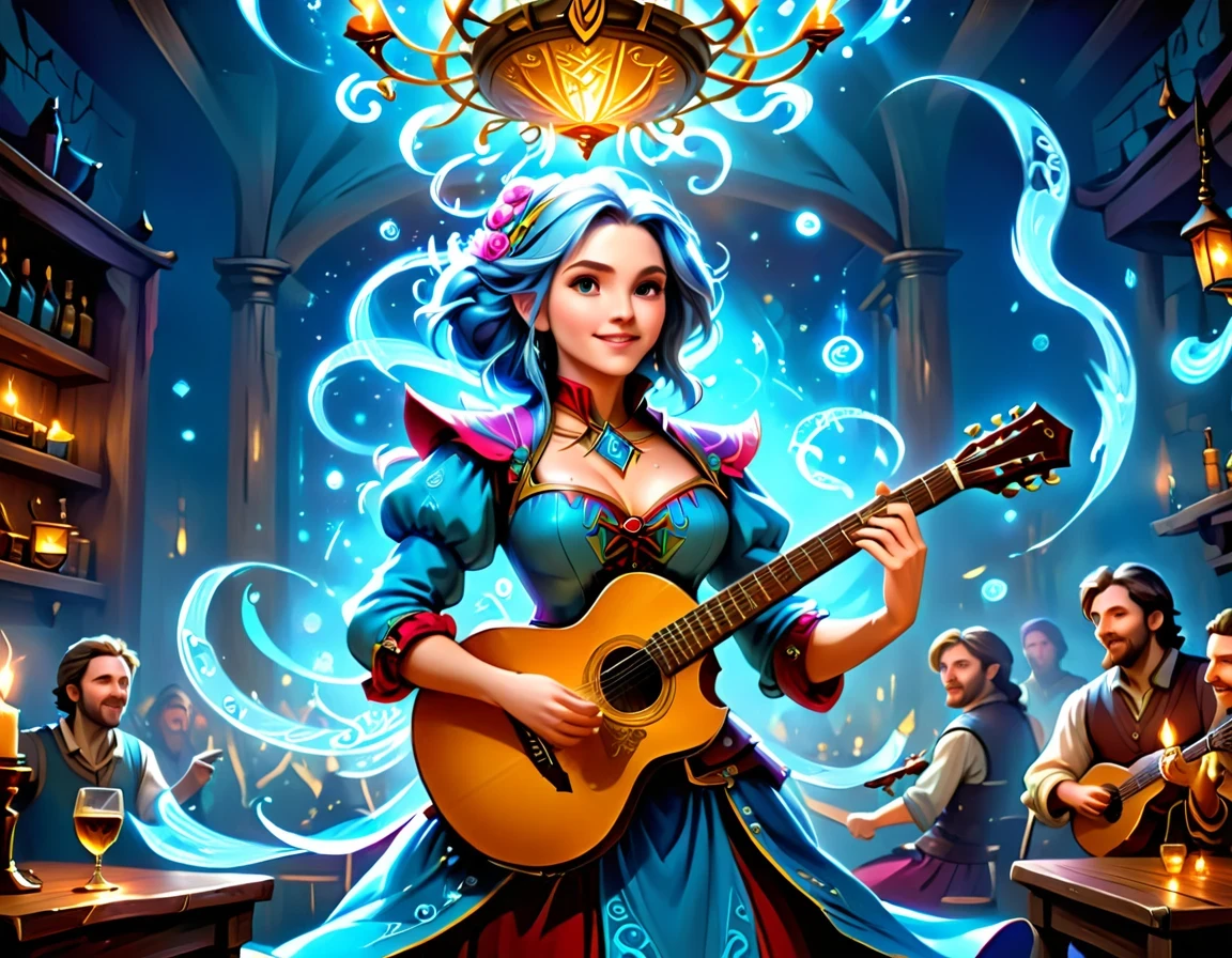 high details, best quality, 16k, [ultra detailed], masterpiece, best quality, (extremely detailed), full body, ultra wide shot, photorealistic, RAW, fantasy art, dnd art, fantasy art, realistic art,  an ultra wide, full body, a picture  of a human female  (intricate details, Masterpiece, best quality: 1.5) fantasy bard, fantasy enchanter,  playing a (guitar: 1.5)  and enchanting people in a tavern with magical song, colorful clothes, dynamic clothing, epic beautiful female human ((anatomically correct)) bard (intricate details, Masterpiece, best quality: 1.5), dynamic hair, tavern full of crowd, many people intricate details, Masterpiece, best quality: 1.3), bard playing guitar and enchanting audience (intricate details, Masterpiece, best quality: 1.5), candles light, fantasy chandelier, magical notes, magical runes in the air (intricate details, Masterpiece, best quality: 1.5),Cinematic Hollywood Film style, GlowingRunesAI_paleblue