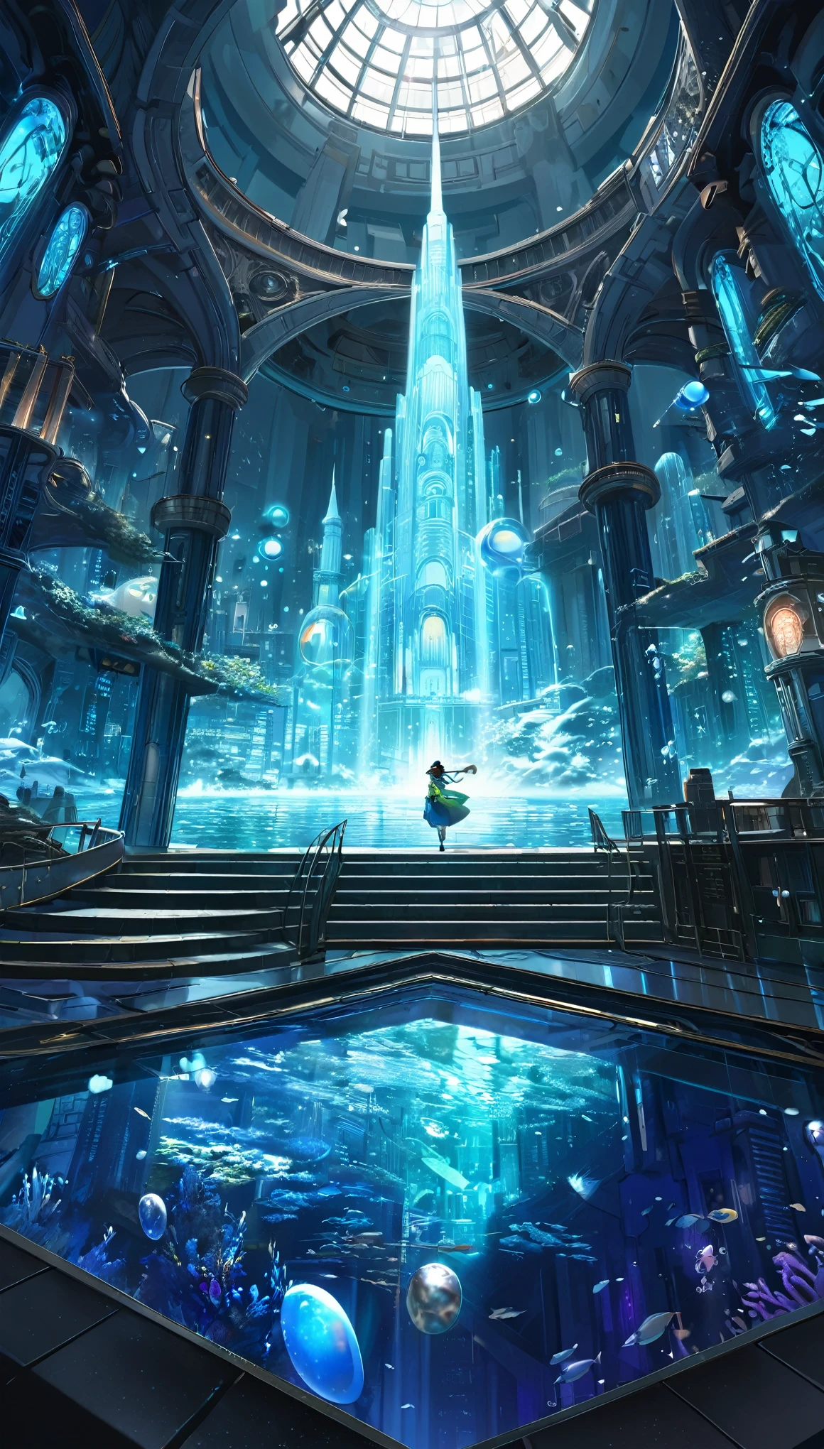Atemberaubendes Ultra HD、16:9 Gemälde、Eingehüllt in den geheimnisvollen Glanz einer Science-Fiction-Kulisse、Enthüllt ein faszinierendes interdimensionales Fantasy-Reich, das an die verlorene Stadt Atlantis erinnert。Diese Zusammensetzung ist、Die bezaubernde Ästhetik von Studio Ghibli、Kombinieren Sie mühelos komplizierte Details und volumetrische Beleuchtung in der Unreal Engine、Erweckt ein Gefühl von Großartigkeit und Wunder。azure、Blau Grün、Die dreifarbige Dreiklangfarbe harmoniert mit den schillernden Perlen.、Beleuchtung der lebendigen Unterwasser-Stadtlandschaft, die sich über den Meeresboden erstreckt。Der majestätische Turm und die hoch aufragende Kuppel、