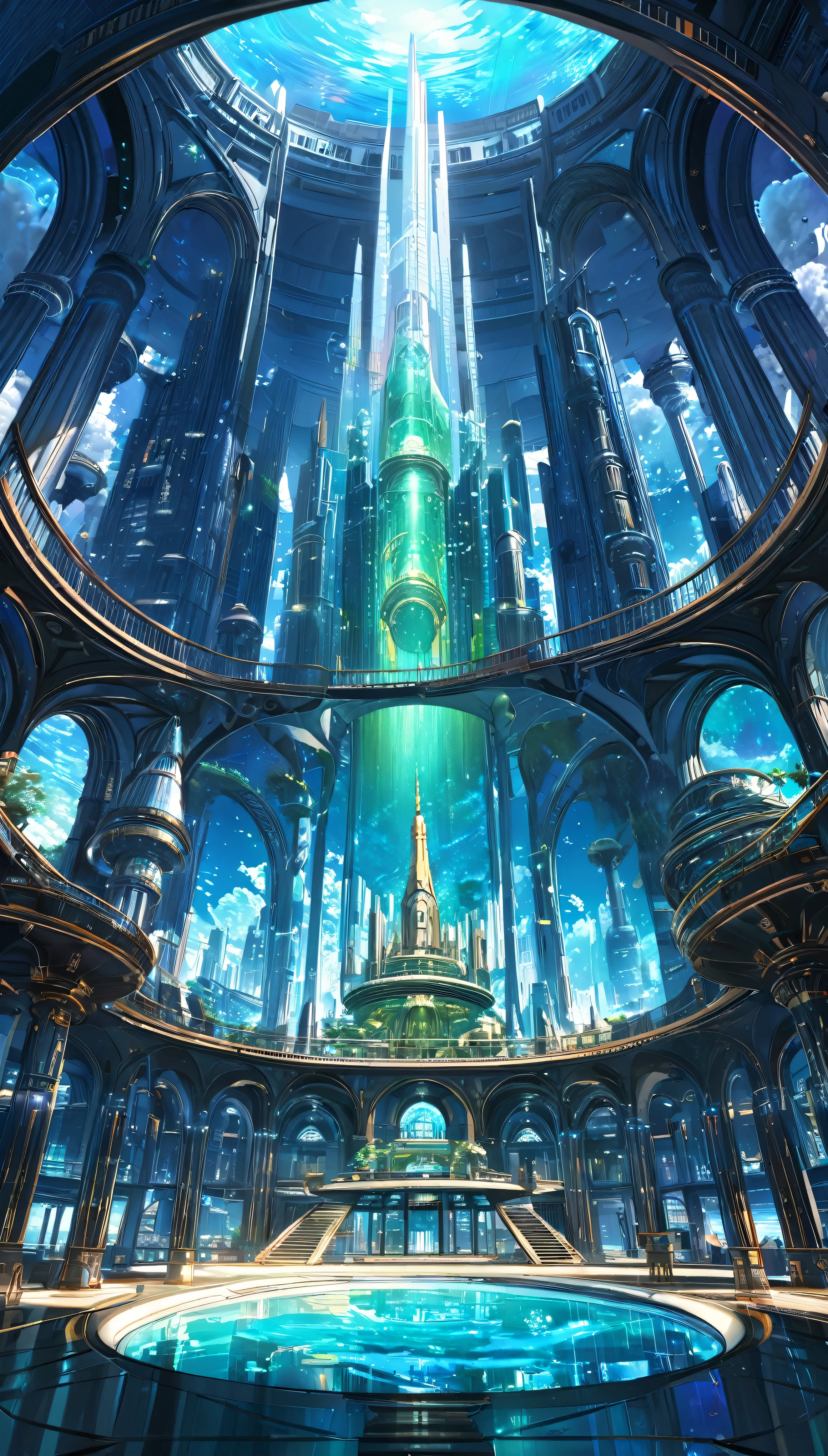 Atemberaubendes Ultra HD、16:9 Gemälde、Eingehüllt in den geheimnisvollen Glanz einer Science-Fiction-Kulisse、Enthüllt ein faszinierendes interdimensionales Fantasy-Reich, das an die verlorene Stadt Atlantis erinnert。Diese Zusammensetzung ist、Die bezaubernde Ästhetik von Studio Ghibli、Kombinieren Sie mühelos komplizierte Details und volumetrische Beleuchtung in der Unreal Engine、Erweckt ein Gefühl von Großartigkeit und Wunder。azure、Blau Grün、Die dreifarbige Dreiklangfarbe harmoniert mit den schillernden Perlen.、Beleuchtung der lebendigen Unterwasser-Stadtlandschaft, die sich über den Meeresboden erstreckt。Der majestätische Turm und die hoch aufragende Kuppel、