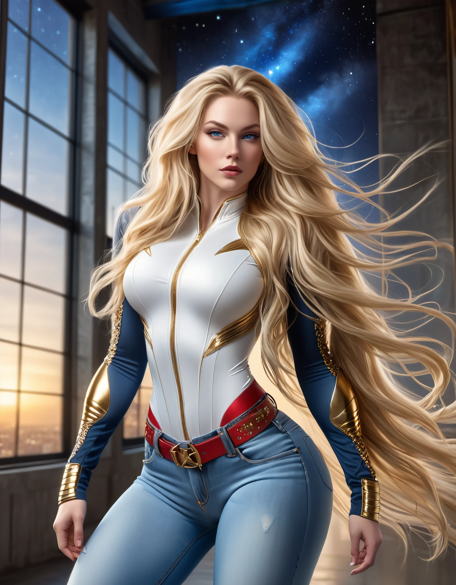 BOMBSHELL BLONDE WOMAN, WARRIOR FEMALE ON BLUE JEANS PANTS, VERY PALE SKIN, BLUE EYES, HIGH CHEEKBONES, ROSY CHEEKS, MENTAL FORAMEN, HUGE LONG BLONDE HAIR, DREAD HAIRSTYLE, LONG JEANS DREADS ON LONG BLONDE HAIR, THONG LEOTARD ARMOUR, WHITE LONG SLEEVES SHIRT, BLUE JEANS BODYSUIT, JEANS TEXTURE, GOLD DETAILS ON JEANS, JEANS BODYSUIT, NECK BODYSUIT, RED BELT, GOLD BUCKLE, GOLD GAUNTLETS, ATHLETIC CURVY BODY, DETAILED QUADRICEPS, GORGEOUS THIGHS, WHITE TENIS CONVERSE ALL STAR, MUSCLES, SIDE BODY VIEW, FULL BODY PERSPECTIVE, DARK HALL, HUGE WINDOWS, NIGHT SKY, ACCURATE IMAGE, MASTERPIECE.