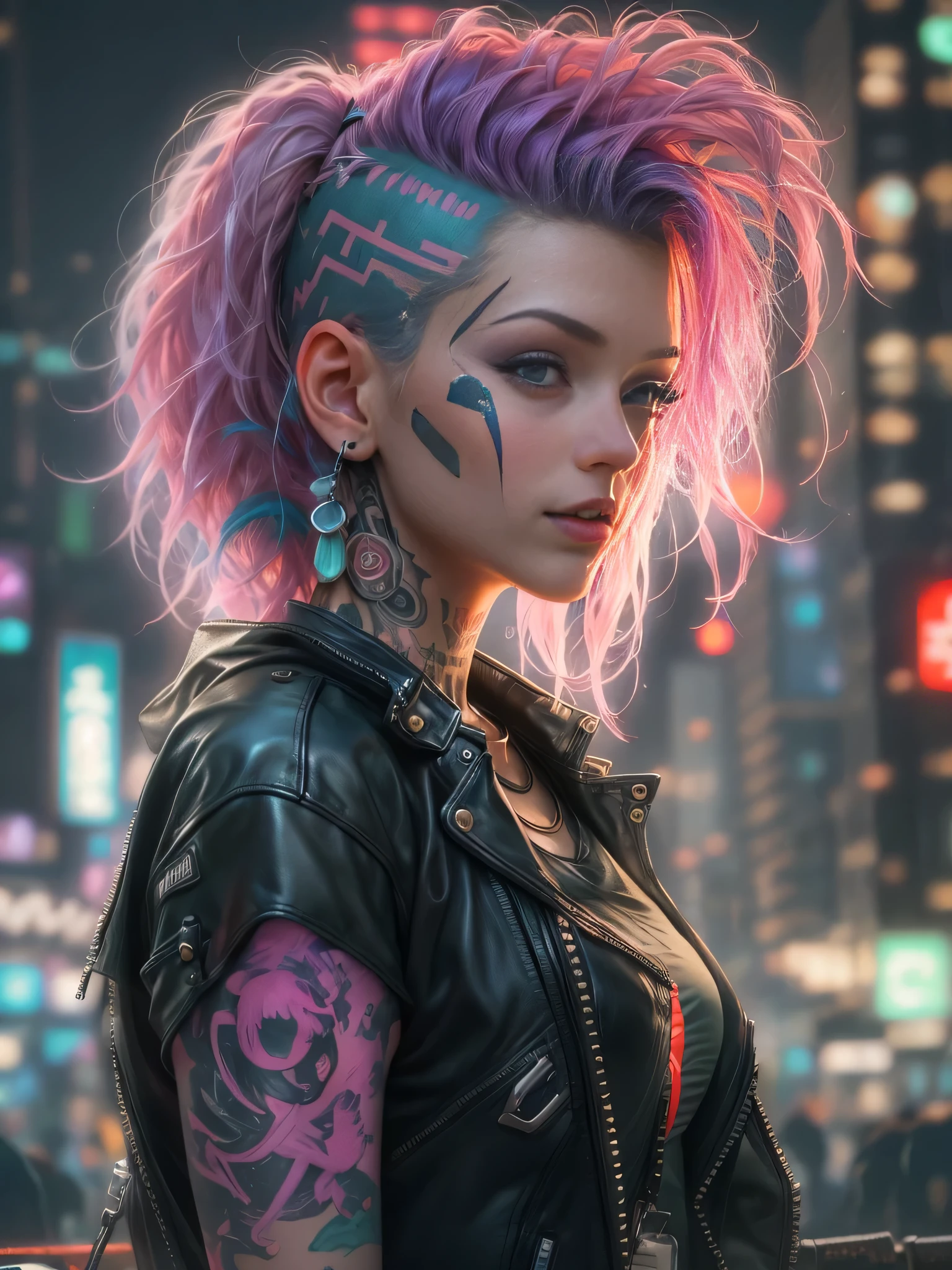 Photograph of cute 18 year old cyberpunk girls, (top-quality、in 8K、32K、​masterpiece、(NSFW))、(Photorealistic:1.4),Fancy makeup, shapeless punk hair,punk fashion、topless, leather jacket, ,  pink-hair, red hair, purple hair multicolor hair、Tattoos,、cyberpunk city streets Background、Backlight effect、depth of fields,slightly blurry background.