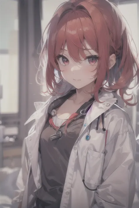 1 girl, redhead, facial hair, red eyes, 8k, masterpiece, sexy、erotic、high contrast、cute、hospital、hospital room、doctor&#39;s coat...