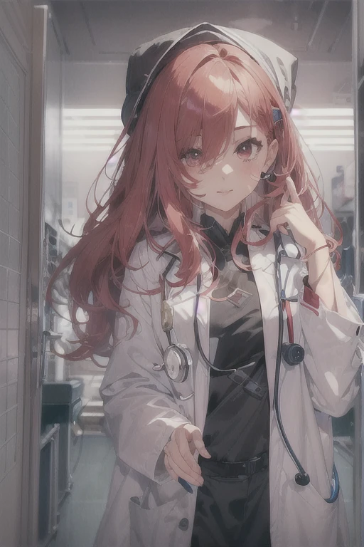 1 girl, Redhead, Facial hair, Red eyes, 8k, masterpiece, sexy、erotic、High Contrast、cute、hospital、Hospital room、Doctor&#39;s coat、Half naked