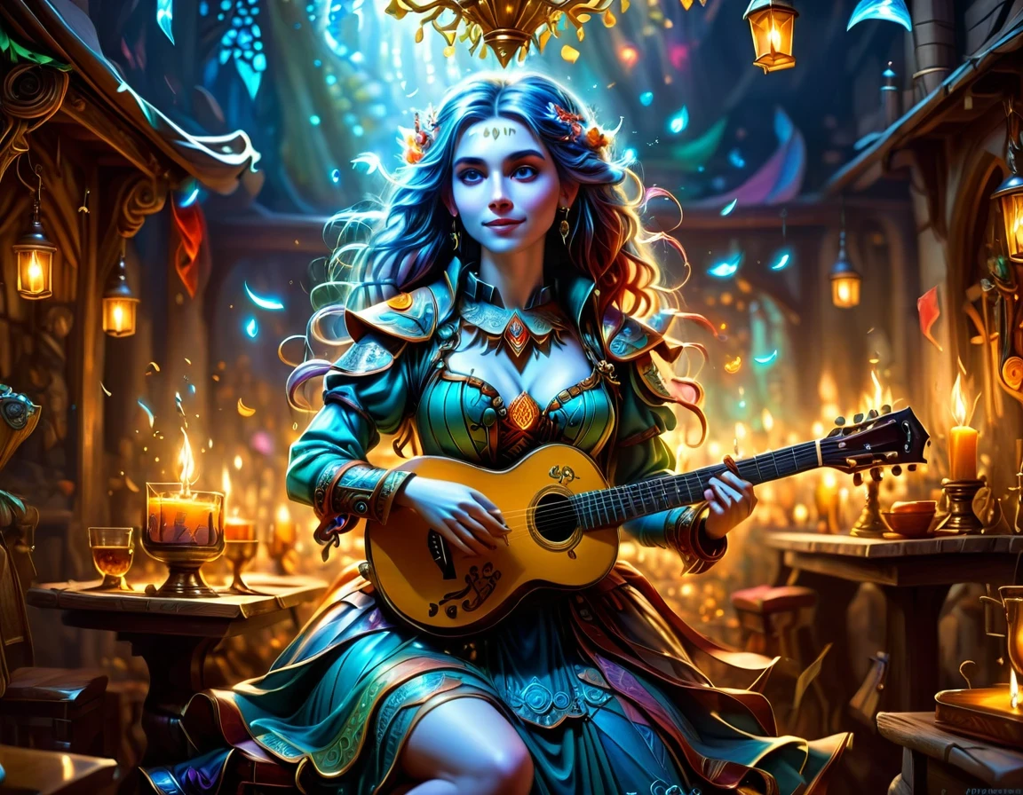 high details, best quality, 16k, [ultra detailed], masterpiece, best quality, (extremely detailed), full body, ultra wide shot, photorealistic, RAW, fantasy art, dnd art, fantasy art, realistic art,  an ultra wide, full body, a picture  of a human female  (intricate details, Masterpiece, best quality: 1.5) fantasy bard, fantasy enchanter,  playing a (guitar: 1.5)  and enchanting people in a tavern with magical song, colorful clothes, dynamic clothing, epic beautiful female human ((anatomically correct)) bard (intricate details, Masterpiece, best quality: 1.5), dynamic hair, tavern full of crowd, many people intricate details, Masterpiece, best quality: 1.3), bard playing guitar and enchanting audience (intricate details, Masterpiece, best quality: 1.5), candles light, fantasy chandelier, magical notes, magical runes in the air (intricate details, Masterpiece, best quality: 1.5),Cinematic Hollywood Film style, GlowingRunesAI_paleblue