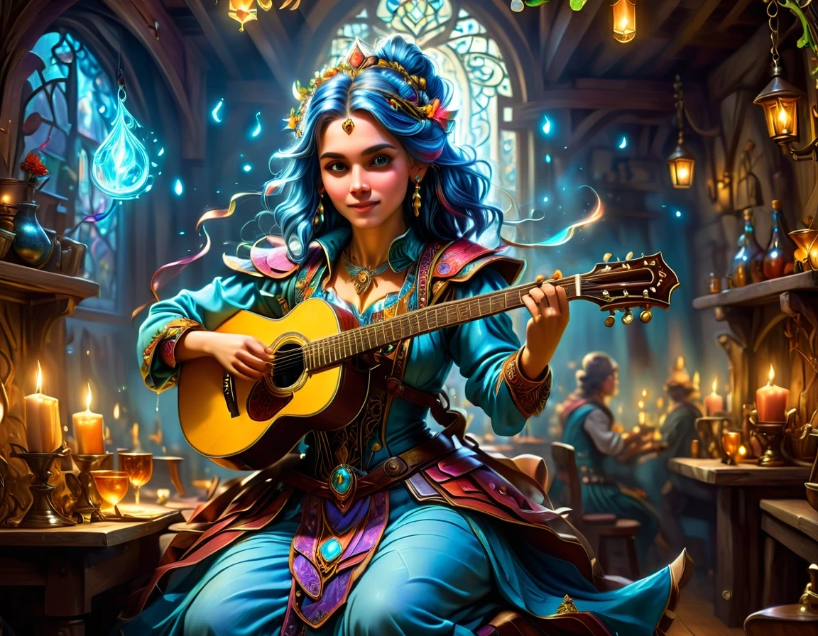 high details, best quality, 16k, [ultra detailed], masterpiece, best quality, (extremely detailed), full body, ultra wide shot, photorealistic, RAW, fantasy art, dnd art, fantasy art, realistic art,  an ultra wide, full body, a picture  of a human female  (intricate details, Masterpiece, best quality: 1.5) fantasy bard, fantasy enchanter,  playing a (guitar: 1.5)  and enchanting people in a tavern with magical song, colorful clothes, dynamic clothing, epic beautiful female human ((anatomically correct)) bard (intricate details, Masterpiece, best quality: 1.5), dynamic hair, tavern full of crowd, many people intricate details, Masterpiece, best quality: 1.3), bard playing guitar and enchanting audience (intricate details, Masterpiece, best quality: 1.5), candles light, fantasy chandelier, magical notes, magical runes in the air (intricate details, Masterpiece, best quality: 1.5),Cinematic Hollywood Film style, GlowingRunesAI_paleblue