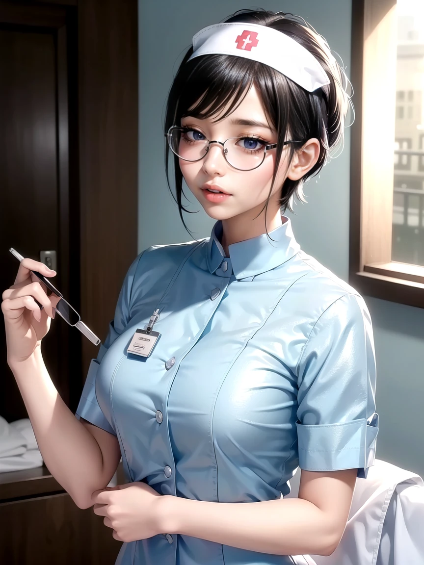 (Ultimate beauty), New Nurse, Very detailed顔, Detailed lips, fine grain, Beautiful Eyes, Short pixie hairstyles for brunettes, ((Laugh with your mouth closed)), ((Rimless Glasses))(((Wearing light blue nurse clothes)))), Big Breasts,((Nurse&#39;s Breasts&#39;My uniform is about to get torn)) (Thighs),  Sitting in a hospital bed、 Perfection body, Perfection face, (((background: A hospital room with many medical devices)))、Cowboy Shot, (Depth of the written border), Perfection in image realism, With detailed background, Detailed costumes, perfection、Hyperrealism、Realistic、Maximum resolution 8K, (masterpiece), Very detailed, Professional　22 year old Japanese woman,(Very detailedな肌)(Beautiful female body)(Beautiful Big Breasts)(Big Breasts)(Pale skin)(Pointed Chest),(Erect nipples)(Best image quality)(Hyperrealism portrait),(8k),(ultra-realistic,最high quality, high quality, High resolution)(high quality texture)(Attention to detail)(Beautiful details)(detailed,Extremely detailed CG,detailed Texture)(Realistic facial expressions,masterpiece,in front,dynamic,bold),(((short pixie cut))),(Very thin hair)(Super Straight Hair:1.5)( sleek bangs,Very light coppery amber hair,Hair in one eye)　　(((Front view)))　(((She is spreading her legs boldly)))　(((The lines of the body are clearly visible)))、(((Depiction of beautiful fingers)))　(((Beautiful body depiction)))(((Full body photo)))、(((Low angle photo)))、(((Correct ankle orientation)))(((The correct number of legs)))　(((Accurate Body Compo座るion)))　(((Accurate full body photo from the front)))(((Exact number of hands)))