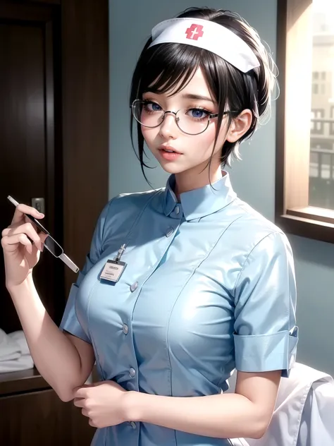 (Ultimate beauty), New Nurse, 非常にdetailed顔, detailedな唇, fine grain, Beautiful Eyes, Short pixie hairstyles for brunettes, ((Laug...