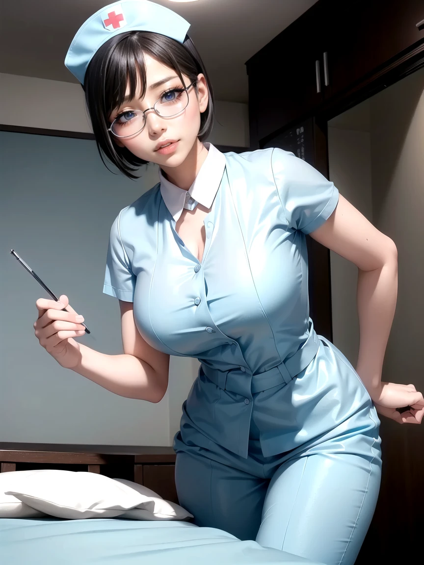 (beauté ultime), New infirmière, 非常にdétaillé顔, détailléな唇, grains fins, Beaux yeux, Coiffures courtes de lutin pour les brunes, ((Rire la bouche fermée)), ((lunettes sans monture))(((Porter des vêtements d&#39;infirmière bleu clair)))), gros seins,((infirmière&#39;les seins&#39;Mon uniforme est sur le point d&#39;être déchiré)) (cuisses),  Assis dans un lit d&#39;hôpital、 la corps parfait, la visage parfait, (((arrière-plan: Une chambre d&#39;hôpital avec de nombreux dispositifs médicaux)))、tir de cow-boy, (Profondeur de la bordure écrite), la Réalisme d&#39;image parfait, With détaillé arrière-plan, détailléな衣装, la perfection、hyperréalisme、réaliste、résolution maximale 8K, (chef-d&#39;œuvre), 非常にdétaillé, Professionnel　Femme japonaise de 22 ans,(非常にdétailléな肌)(beau corps féminin)(美しいgros seins)(gros seins)(peau pâle)(Poitrine pointue),(Mamelons dressés)(Meilleure qualité d&#39;image)(hyperréalismeの肖像画),(8k),(Ultra réaliste,最haute qualité, haute qualité, Haute résolution)(haute qualité texture)(Attention au détail)(beaux détails)(détaillé,Extremely détaillé CG,détaillé Texture)(réaliste facial expressions,chef-d&#39;œuvre,devant,dynamique,audacieux),(((Coupe Pixie courte))),(Cheveux très fins)(Cheveux super raides:1.5)( frange élégante,cheveux ambrés cuivrés très clairs,Cheveux dans un œil)　　(((vue de face)))　(((She is spreading her legs audacieuxly)))　(((Les lignes du corps sont clairement visibles)))、(((Représentation de beaux doigts)))　(((Belle représentation du corps)))(((Photo du corps entier)))、(((photo en contre-plongée)))、(((Orientation correcte de la cheville)))(((Le nombre correct de jambes)))　(((Composition corporelle précise)))　(((正確な正面からのPhoto du corps entier)))(((Nombre exact de mains)))