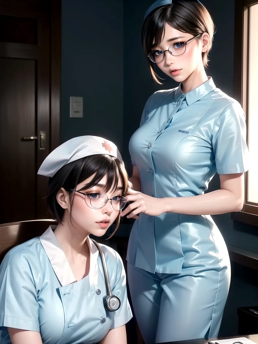 (Ultimate beauty), New Nurse, Very detailed顔, Detailed lips, fine grain, Beautiful Eyes, Short pixie hairstyles for brunettes, ((Laugh with your mouth closed)), ((Rimless Glasses))(((Wearing light blue nurse clothes)))), Big Breasts,((Nurse&#39;s Breasts&#39;My uniform is about to get torn)) (Thighs),  Sitting in a hospital bed、 Perfection body, Perfection face, (((background: A hospital room with many medical devices)))、Cowboy Shot, (Depth of the written border), Perfection in image realism, With detailed background, Detailed costumes, perfection、Hyperrealism、Realistic、Maximum resolution 8K, (masterpiece), Very detailed, Professional　22 year old Japanese woman,(Very detailedな肌)(Beautiful female body)(Beautiful Big Breasts)(Big Breasts)(Pale skin)(Pointed Chest),(Erect nipples)(Best image quality)(Hyperrealism portrait),(8k),(ultra-realistic,最high quality, high quality, High resolution)(high quality texture)(Attention to detail)(Beautiful details)(detailed,Extremely detailed CG,detailed Texture)(Realistic facial expressions,masterpiece,in front,dynamic,bold),(((short pixie cut))),(Very thin hair)(Super Straight Hair:1.5)( sleek bangs,Very light coppery amber hair,Hair in one eye)　　(((Front view)))　(((She is spreading her legs boldly)))　(((The lines of the body are clearly visible)))、(((Depiction of beautiful fingers)))　(((Beautiful body depiction)))(((Full body photo)))、(((Low angle photo)))、(((Correct ankle orientation)))(((The correct number of legs)))　(((Accurate Body Compo座るion)))　(((Accurate full body photo from the front)))(((Exact number of hands)))