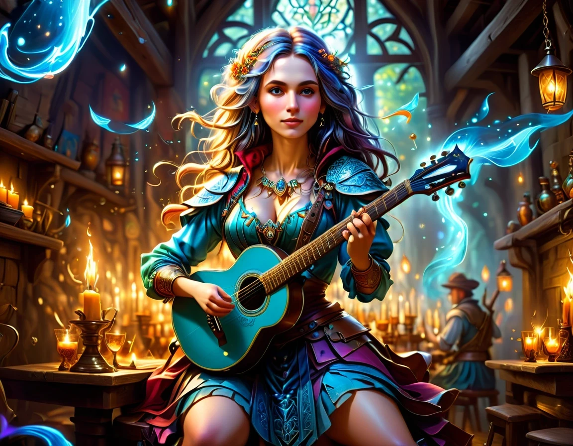 high details, best quality, 16k, [ultra detailed], masterpiece, best quality, (extremely detailed), full body, ultra wide shot, photorealistic, RAW, fantasy art, dnd art, fantasy art, realistic art,  an ultra wide, full body, a picture  of a human female  (intricate details, Masterpiece, best quality: 1.5) fantasy bard, fantasy enchanter,  playing a (guitar: 1.5)  and enchanting people in a tavern with magical song, colorful clothes, dynamic clothing, epic beautiful female human ((anatomically correct)) bard (intricate details, Masterpiece, best quality: 1.5), dynamic hair, tavern full of crowd, many people intricate details, Masterpiece, best quality: 1.3), bard playing guitar and enchanting audience (intricate details, Masterpiece, best quality: 1.5), candles light, fantasy chandelier, magical notes, magical runes in the air (intricate details, Masterpiece, best quality: 1.5),Cinematic Hollywood Film style, GlowingRunesAI_paleblue, Anime Studio Trigger