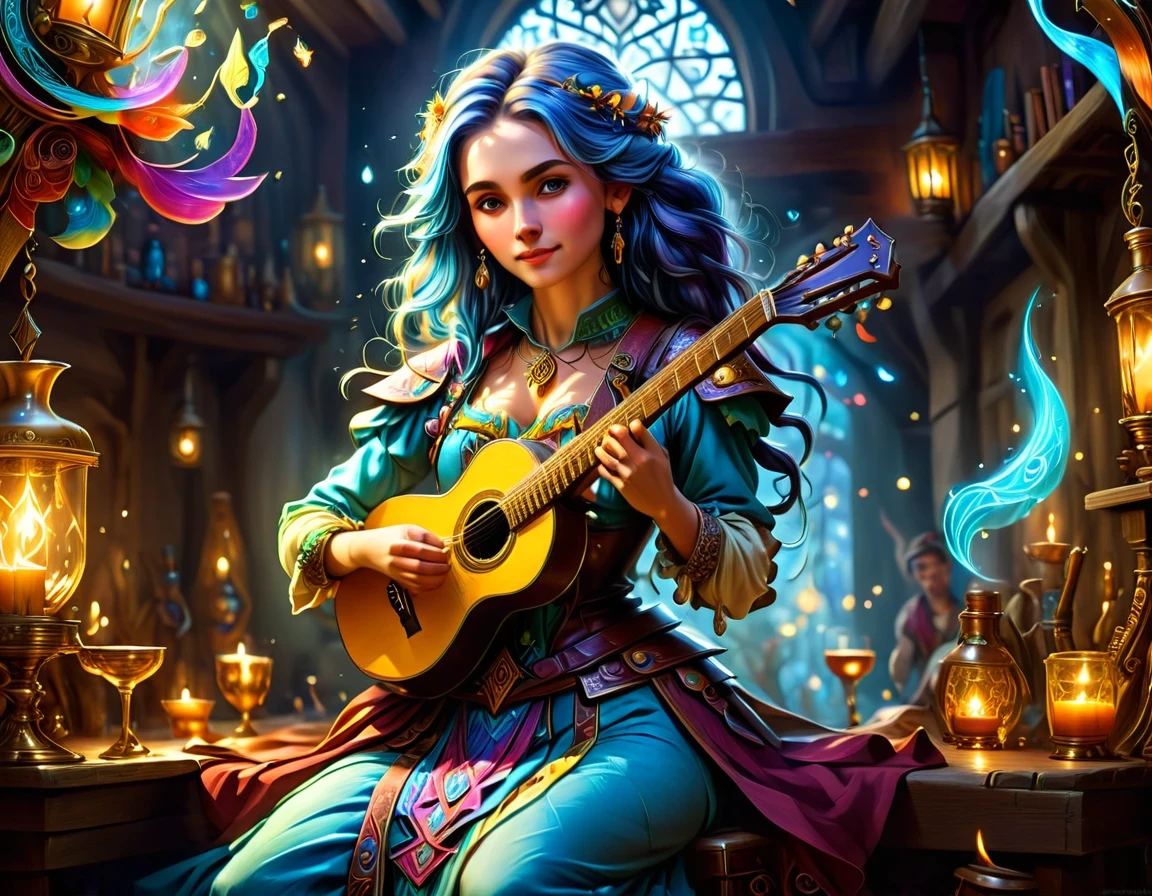 high details, best quality, 16k, [ultra detailed], masterpiece, best quality, (extremely detailed), full body, ultra wide shot, photorealistic, RAW, fantasy art, dnd art, fantasy art, realistic art,  an ultra wide, full body, a picture  of a human female  (intricate details, Masterpiece, best quality: 1.5) fantasy bard, fantasy enchanter,  playing a (guitar: 1.5)  and enchanting people in a tavern with magical song, colorful clothes, dynamic clothing, epic beautiful female human ((anatomically correct)) bard (intricate details, Masterpiece, best quality: 1.5), dynamic hair, tavern full of crowd, many people intricate details, Masterpiece, best quality: 1.3), bard playing guitar and enchanting audience (intricate details, Masterpiece, best quality: 1.5), candles light, fantasy chandelier, magical notes, magical runes in the air (intricate details, Masterpiece, best quality: 1.5),Cinematic Hollywood Film style, GlowingRunesAI_paleblue, Anime Studio Trigger