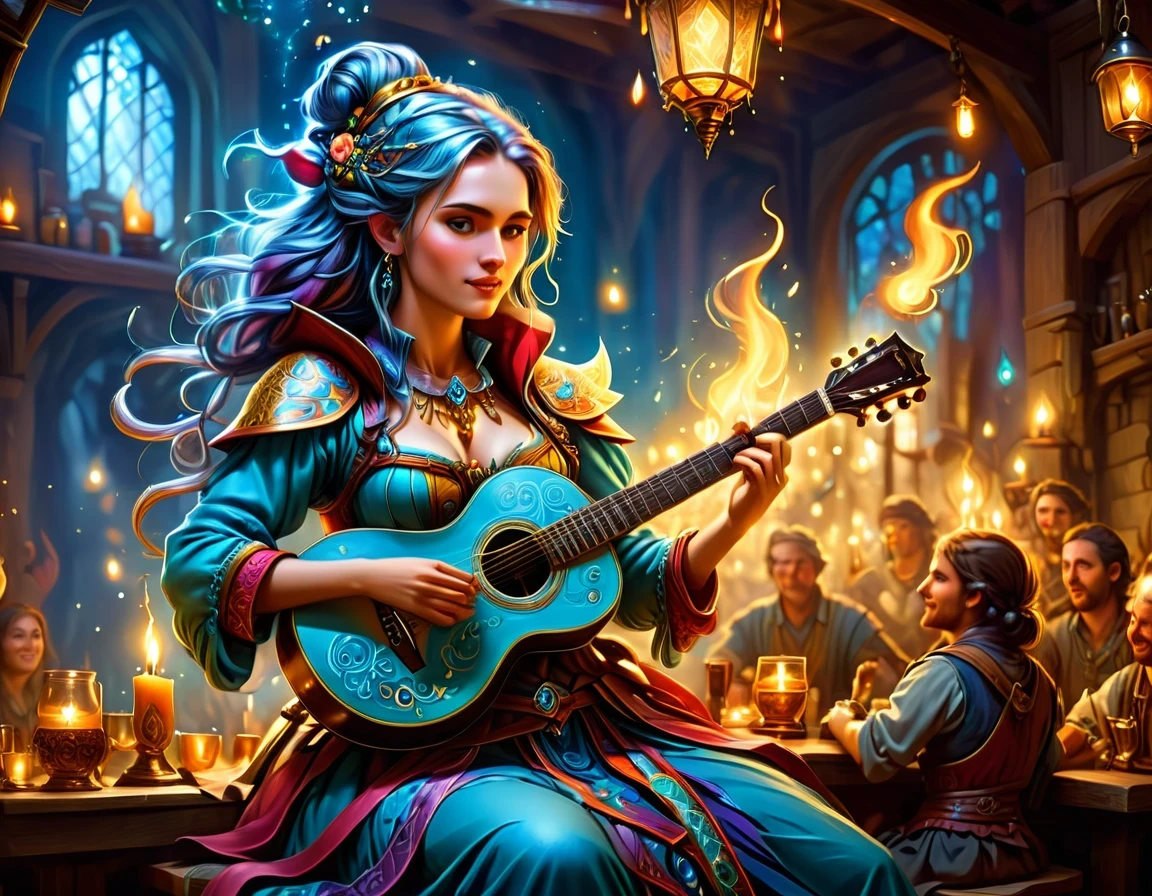 high details, best quality, 16k, [ultra detailed], masterpiece, best quality, (extremely detailed), full body, ultra wide shot, photorealistic, RAW, fantasy art, dnd art, fantasy art, realistic art,  an ultra wide, full body, a picture  of a human female  (intricate details, Masterpiece, best quality: 1.5) fantasy bard, fantasy enchanter,  playing a (guitar: 1.5)  and enchanting people in a tavern with magical song, colorful clothes, dynamic clothing, epic beautiful female human ((anatomically correct)) bard (intricate details, Masterpiece, best quality: 1.5), dynamic hair, tavern full of crowd, many people intricate details, Masterpiece, best quality: 1.3), bard playing guitar and enchanting audience (intricate details, Masterpiece, best quality: 1.5), candles light, fantasy chandelier, magical notes, magical runes in the air (intricate details, Masterpiece, best quality: 1.5),Cinematic Hollywood Film style, GlowingRunesAI_paleblue, Anime Studio Trigger