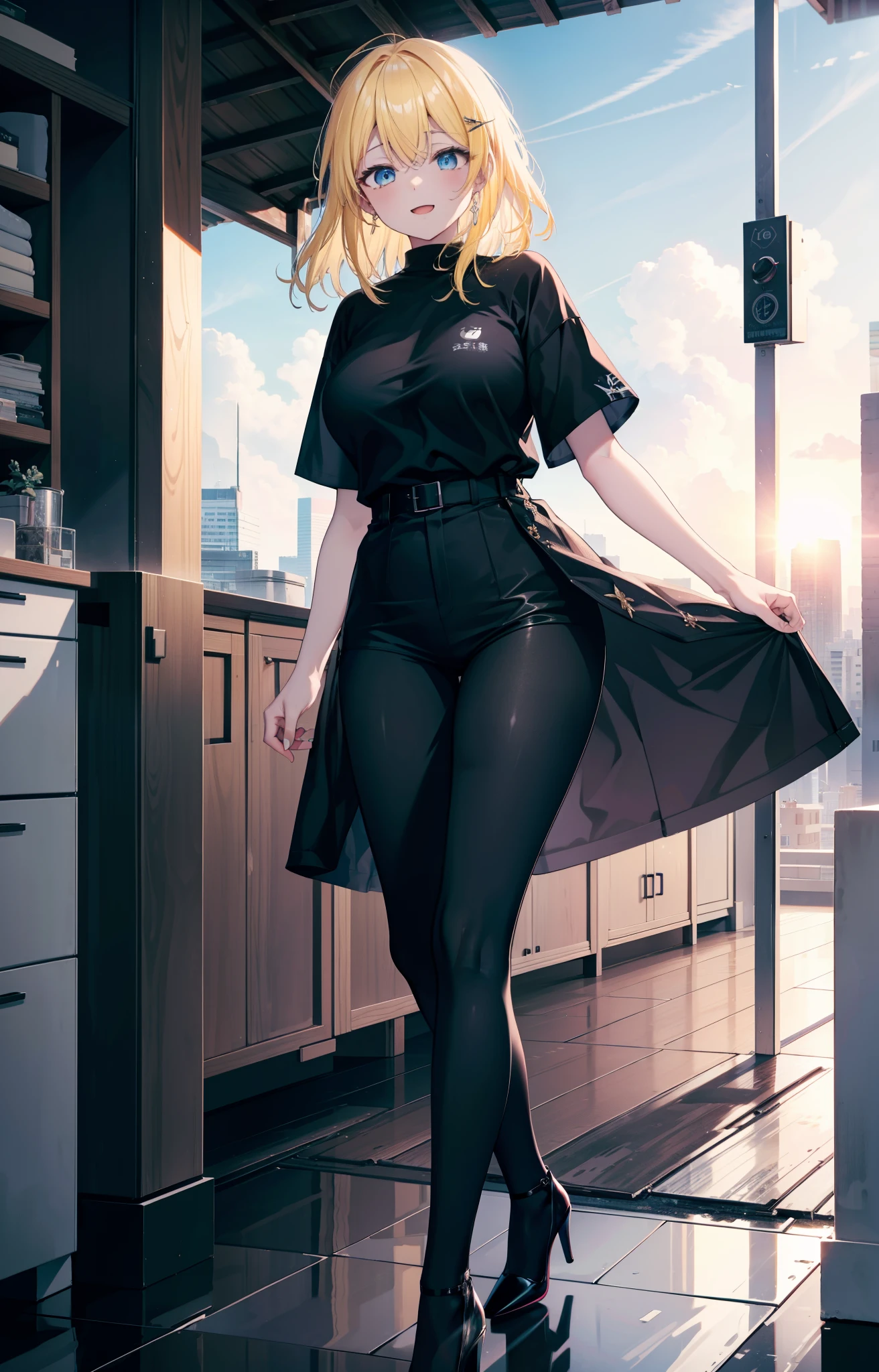 Eliase, catalyst, Yellow Hair, blue eyes,Long Hair,happy smile, smile, Open your mouth, Oversized black y-shirt,Big Breasts,black skinny pants,Stiletto heels,morning,morning陽,The sun is rising,walking,whole bodyがイラストに入るように,
break looking at viewer,whole body,
break outdoors, In town,
break (masterpiece:1.2), highest quality, High resolution, unity 8k wallpaper, (figure:0.8), (Beautiful fine details:1.6), Highly detailed face, Perfect lighting, Highly detailed CG, (Perfect hands, Perfect Anatomy),