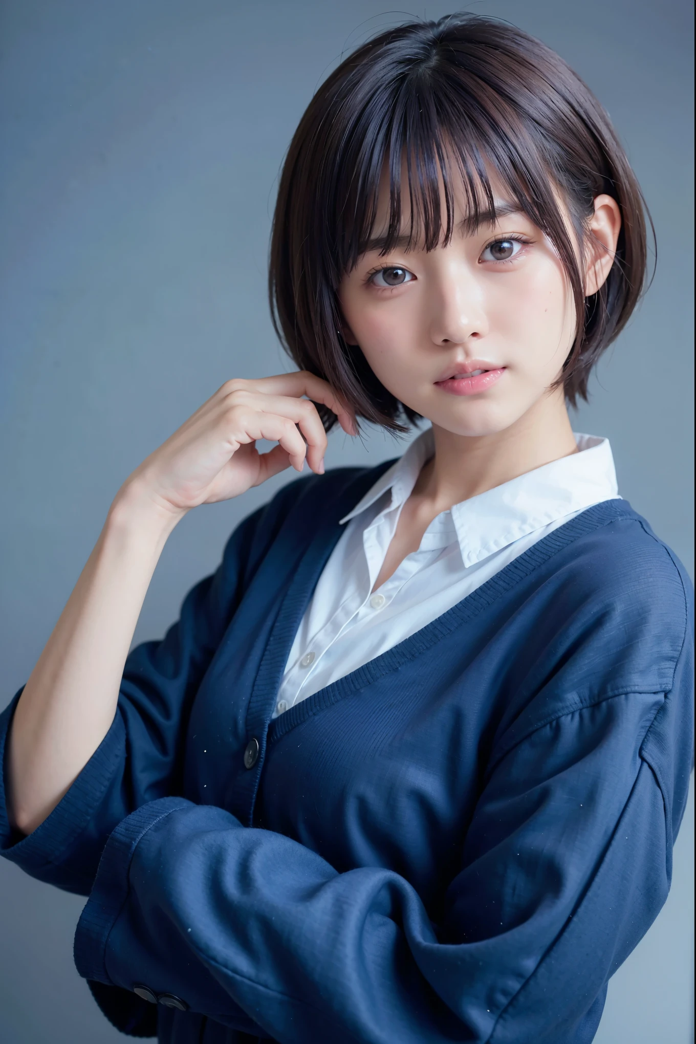 1 very cute girl、12 years old、short hair、Gray Hair、Adds moisture to your hair、Reduces hair volume、Blue background、Upper Body、(head shot:1.5)、Eyes focus、Collared shirt、Laughter、、(8k、RAW Photos、highest quality、masterpiece:1.2)、(Realistic、Realistic:1.3)、Hmph、The depth of the written world、Wide Light、High Contrast、(Shine:1.4)、chromatic aberration、Sharp focus、RAW color photos、Cinema Lighting、8K resolution、