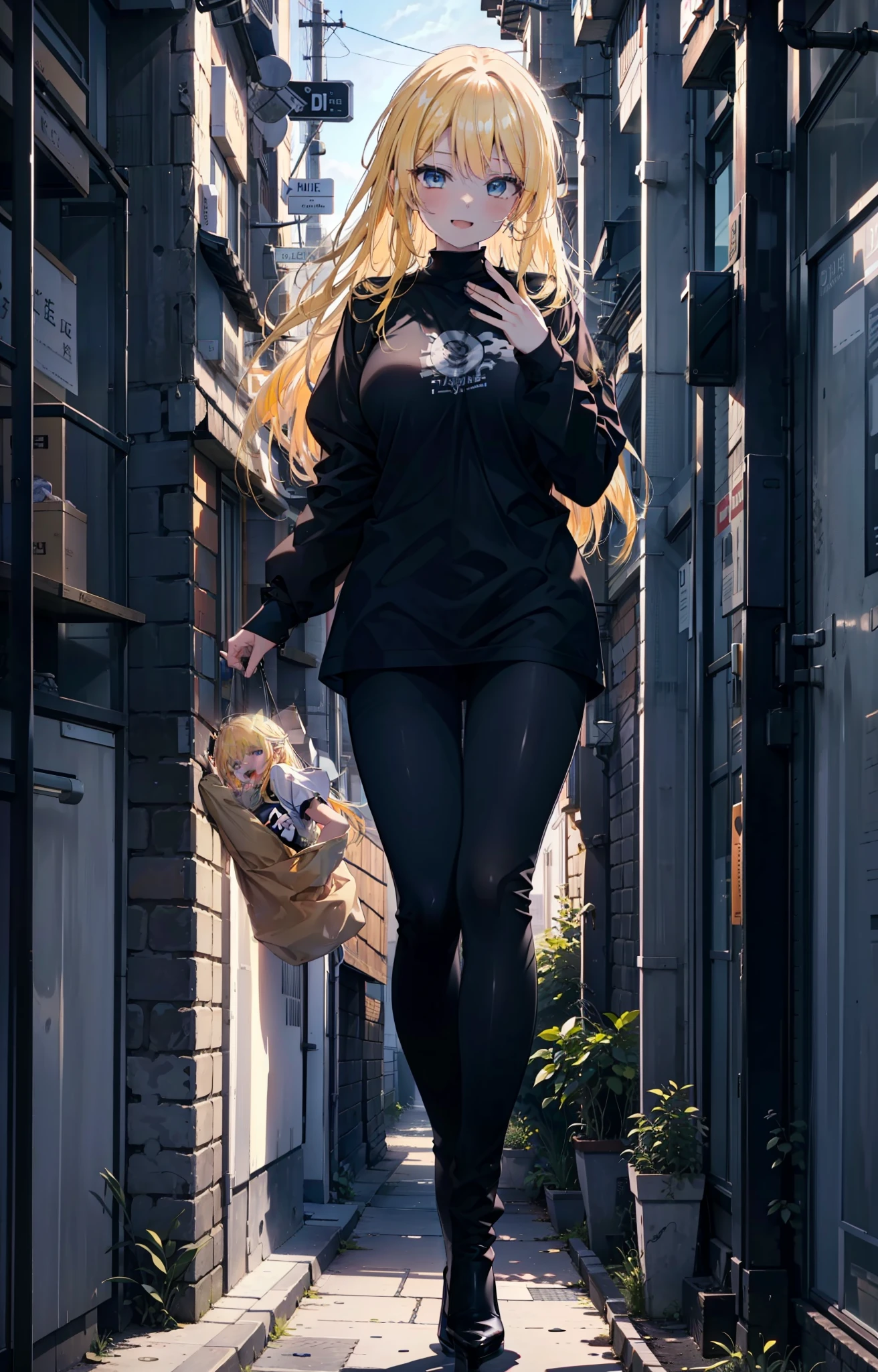 Eliase, catalyst, Yellow Hair, blue eyes,Long Hair,happy smile, smile, Open your mouth, Oversized black y-shirt,Big Breasts,black skinny pants,Stiletto heels,morning,morning陽,The sun is rising,walking,whole bodyがイラストに入るように,
break looking at viewer,whole body,
break outdoors, In town,
break (masterpiece:1.2), highest quality, High resolution, unity 8k wallpaper, (figure:0.8), (Beautiful fine details:1.6), Highly detailed face, Perfect lighting, Highly detailed CG, (Perfect hands, Perfect Anatomy),