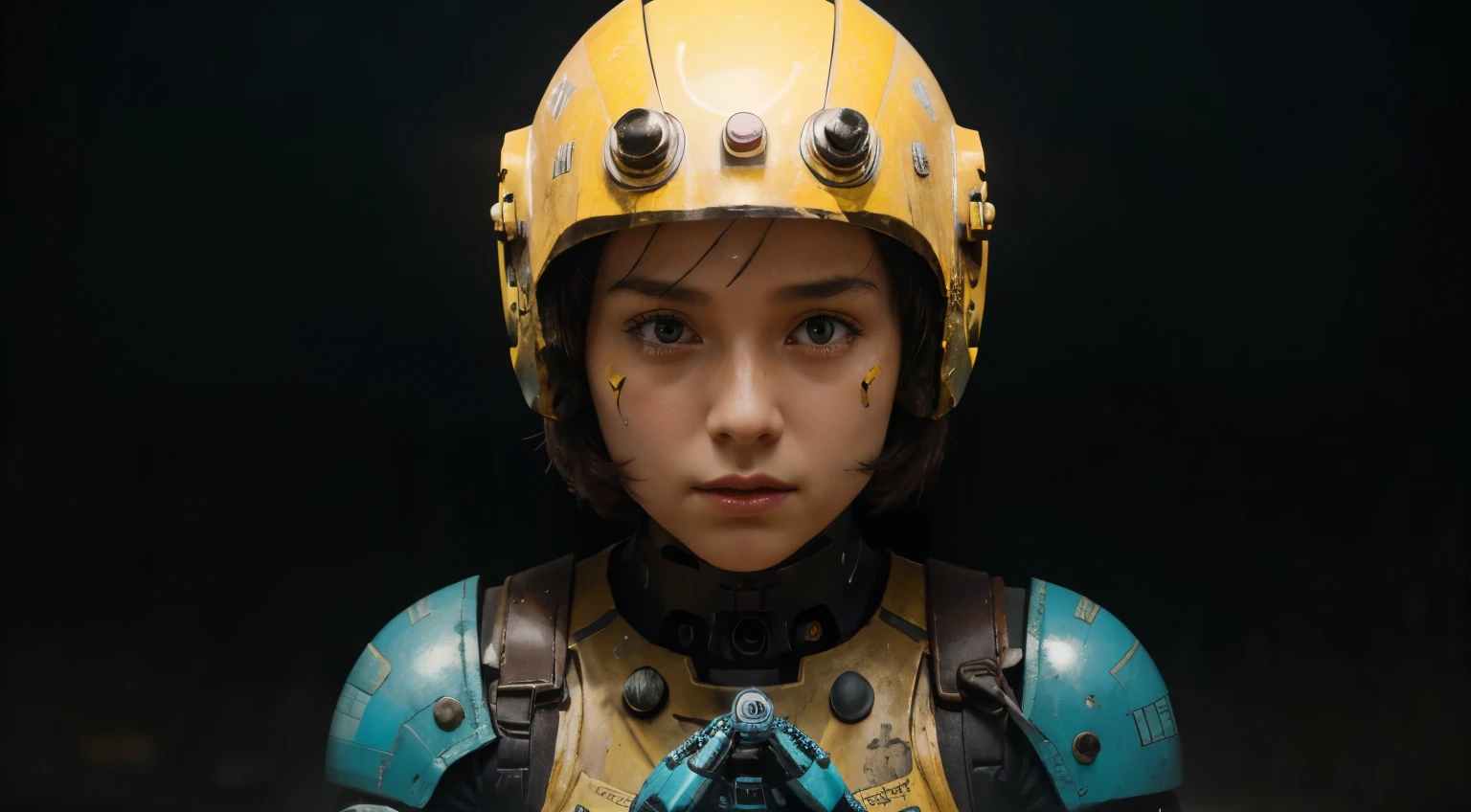 A Robot Girl with helmet and the Rocketeer style, tongs in hands, Tv head, pinhead, Black and Yellow Pink Cyan Rusty, Ambient in a meteorite crater super detailed, center, beautiful, soft lighting, focused on the character, 4K resolution, photorealistic rendering.