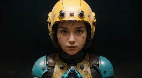 A Robot Girl with helmet and the Rocketeer style, tongs in hands, Tv head, pinhead, Black and Yellow Pink Cyan Rusty, Ambient in...