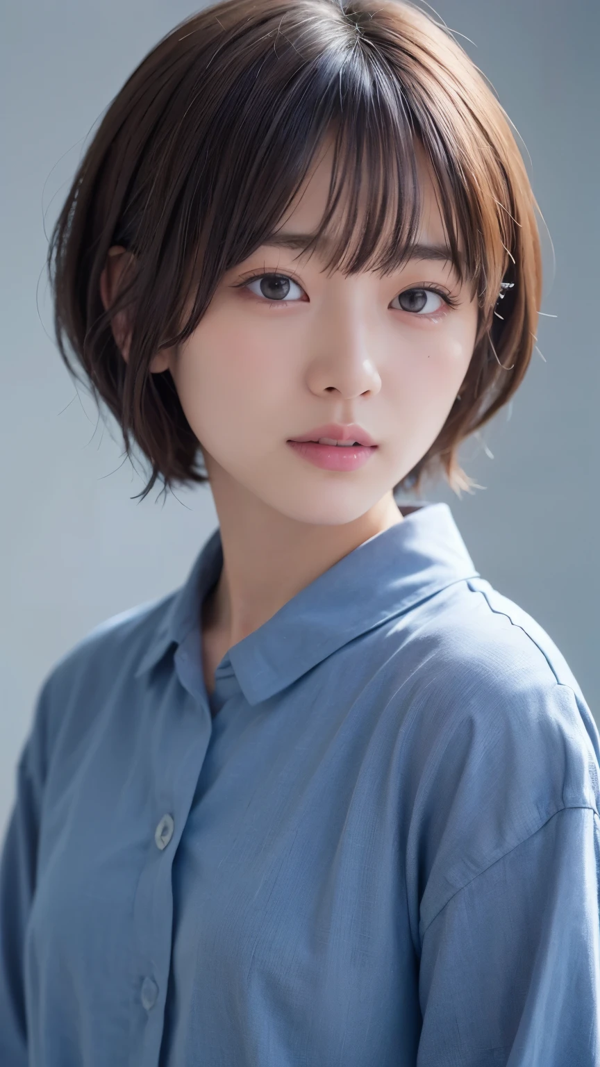 1 very cute girl、12 years old、short hair、Gray Hair、Reduces hair volume、Blue background、Upper Body、(head shot:1.5)、Eyes focus、Collared shirt、Laughter、、(8k、RAW Photos、highest quality、masterpiece:1.2)、(Realistic、Realistic:1.3)、Hmph、The depth of the written world、Wide Light、High Contrast、(Shine:1.4)、chromatic aberration、Sharp focus、RAW color photos、Cinema Lighting、8K resolution、