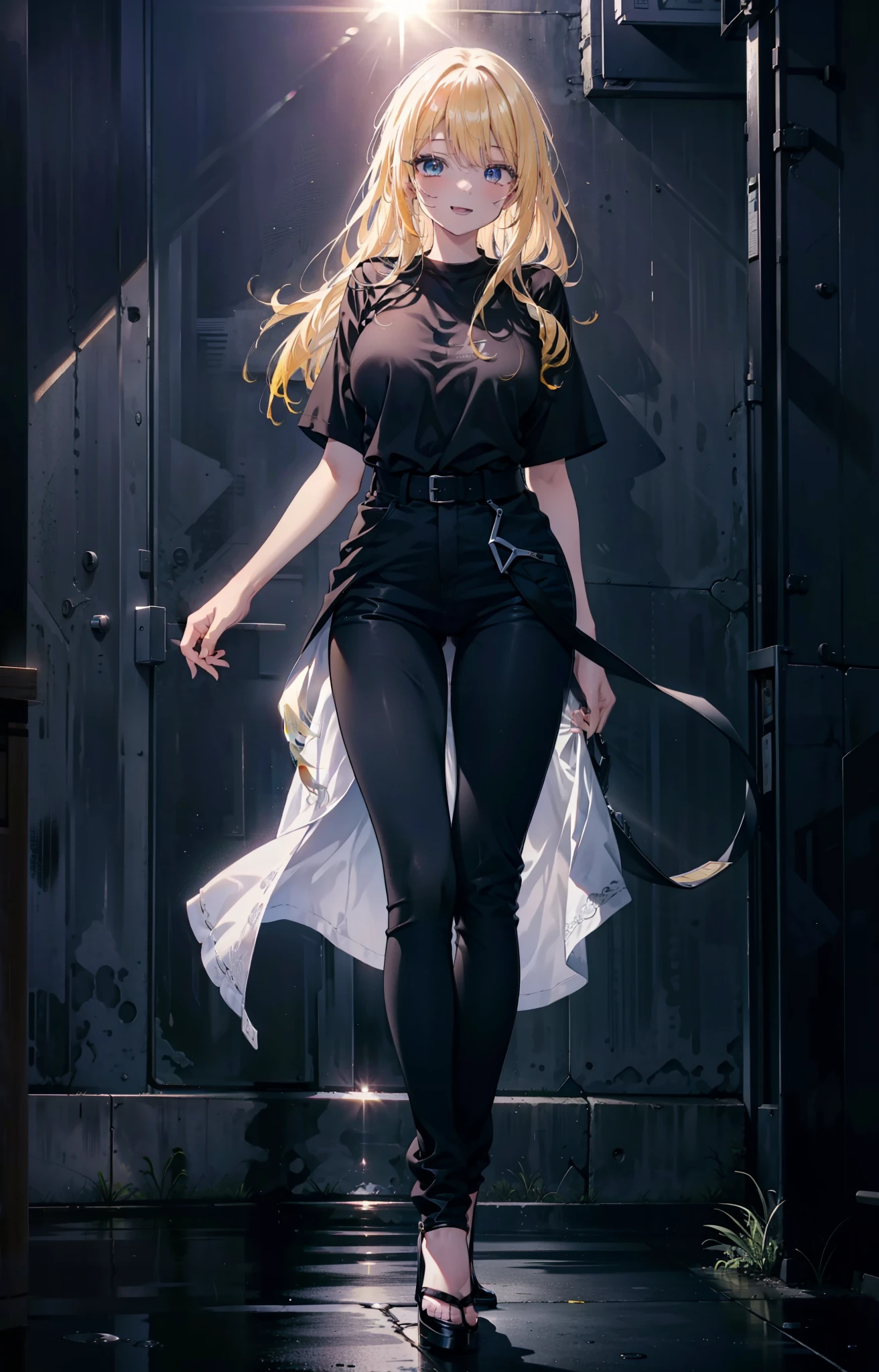 Eliase, catalyst, Yellow Hair, blue eyes,Long Hair,happy smile, smile, Open your mouth, Oversized black y-shirt,Big Breasts,black skinny pants,Stiletto heels,morning,morning陽,The sun is rising,walking,whole bodyがイラストに入るように,
break looking at viewer,whole body,
break outdoors, In town,
break (masterpiece:1.2), highest quality, High resolution, unity 8k wallpaper, (figure:0.8), (Beautiful fine details:1.6), Highly detailed face, Perfect lighting, Highly detailed CG, (Perfect hands, Perfect Anatomy),