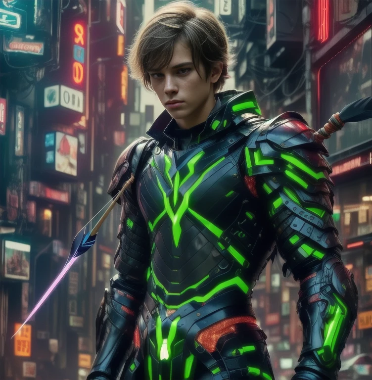 (ultra realistic,32k, masterpiece:1.2, UHD),(high detailed skin:1.1),( high quality:1.1), 1 boy, brown short raw cut hairs, brown eyes, green techno fantasy armor, cyberpunk, techno fantasy bow with ((energy bow arch)),((energy arrows)), caucasian race, light decourations, 18 years old 