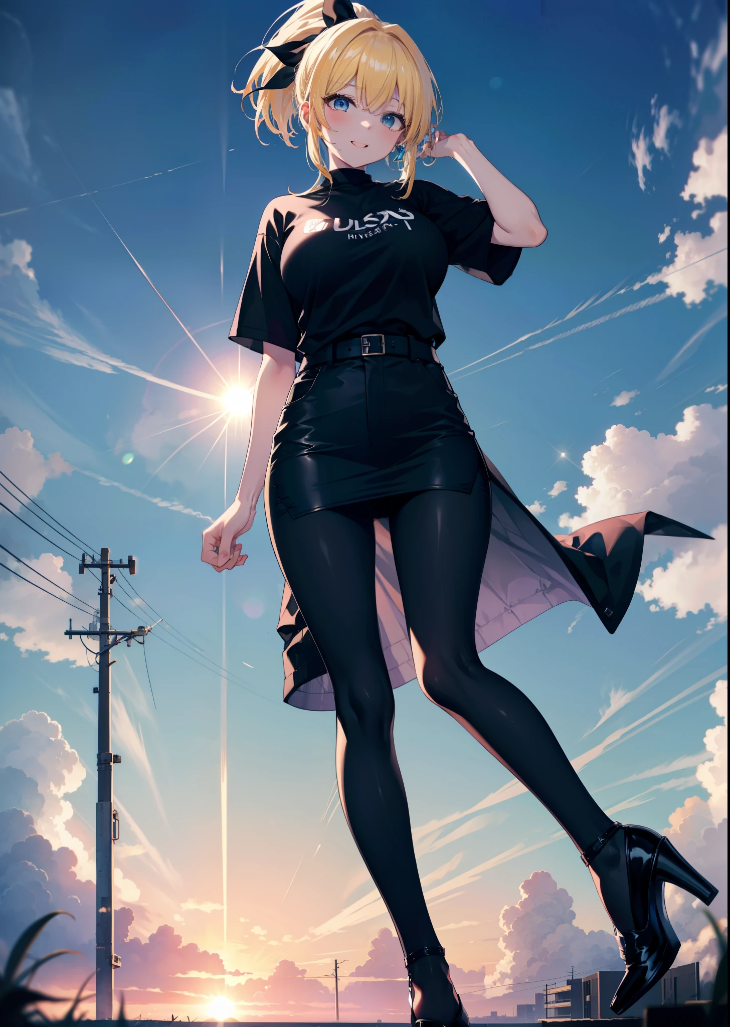 Eliase, catalyst, Yellow Hair, blue eyes,ponytail, Hair Ribbon,happy smile, smile, Open your mouth, Oversized black y-shirt,Big Breasts,black skinny pants,Stiletto heels,morning,morning陽,The sun is rising,walking,whole bodyがイラストに入るように,Looking down from above,
break looking at viewer,whole body,
break outdoors, In town,
break (masterpiece:1.2), highest quality, High resolution, unity 8k wallpaper, (figure:0.8), (Beautiful fine details:1.6), Highly detailed face, Perfect lighting, Highly detailed CG, (Perfect hands, Perfect Anatomy),