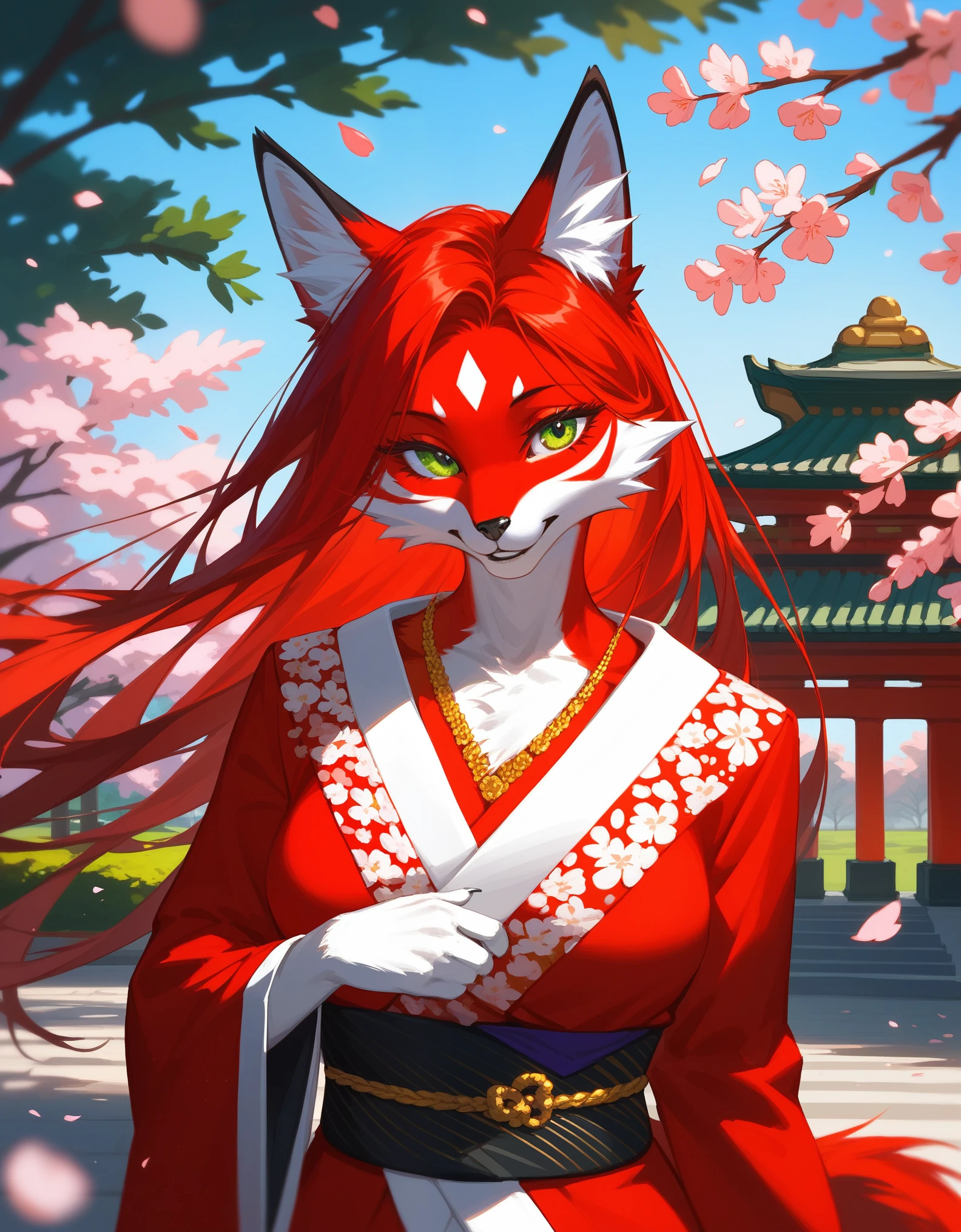 Allein, Punktzahl_9,Punktzahl_8_hoch,Punktzahl_7_hoch, Quelle_pelzig, an Anthro pelzig red Kitsune, red pelzig body, lange rote Haare, grüne Augen, schwarze Nase, in einem eleganten und prächtigen roten Kimono mit goldener Stickerei, Elegante Pose, Stehen, draußen, in einem Park mit vielen Kirschblüten, Porträt 