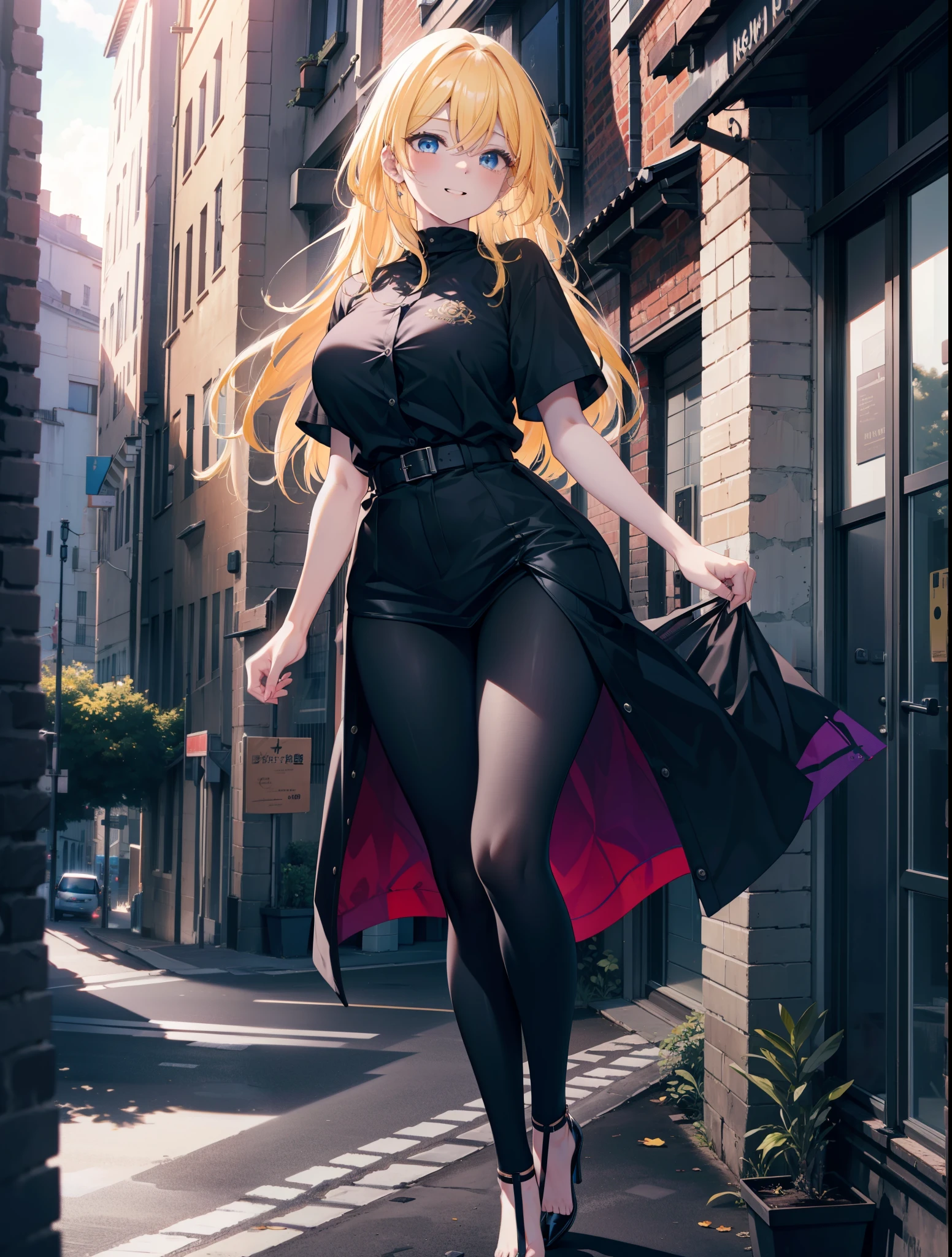 Eliase, catalyst, Yellow Hair, blue eyes,Long Hair,happy smile, smile, Open your mouth, Oversized black y-shirt,Big Breasts,black skinny pants,Stiletto heels,morning,morning陽,The sun is rising,walking,whole bodyがイラストに入るように,Looking up from below,
break looking at viewer,whole body,
break outdoors, In town,
break (masterpiece:1.2), highest quality, High resolution, unity 8k wallpaper, (figure:0.8), (Beautiful fine details:1.6), Highly detailed face, Perfect lighting, Highly detailed CG, (Perfect hands, Perfect Anatomy),