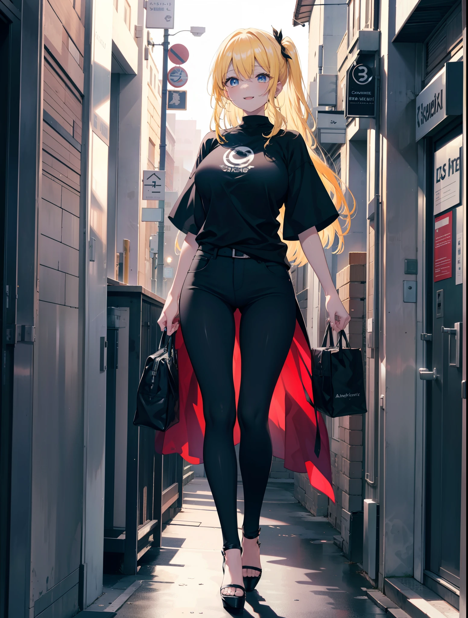 Eliase, catalyst, Yellow Hair, blue eyes,Long Hair,happy smile, smile, Open your mouth, Oversized black y-shirt,Big Breasts,black skinny pants,Stiletto heels,morning,morning陽,The sun is rising,walking,whole bodyがイラストに入るように,Looking up from below,
break looking at viewer,whole body,
break outdoors, In town,
break (masterpiece:1.2), highest quality, High resolution, unity 8k wallpaper, (figure:0.8), (Beautiful fine details:1.6), Highly detailed face, Perfect lighting, Highly detailed CG, (Perfect hands, Perfect Anatomy),