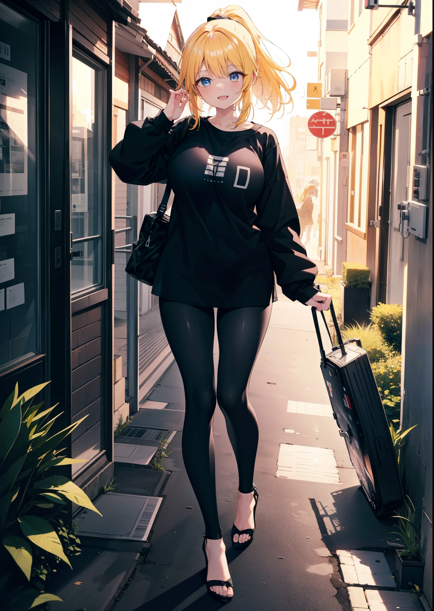 Eliase, catalyst, Yellow Hair, blue eyes,ponytail, Hair Ribbon,happy smile, smile, Open your mouth, Oversized black y-shirt,Big Breasts,black skinny pants,Stiletto heels,morning,morning陽,The sun is rising,walking,whole bodyがイラストに入るように,Looking down from above,
break looking at viewer,whole body,
break outdoors, In town,
break (masterpiece:1.2), highest quality, High resolution, unity 8k wallpaper, (figure:0.8), (Beautiful fine details:1.6), Highly detailed face, Perfect lighting, Highly detailed CG, (Perfect hands, Perfect Anatomy),