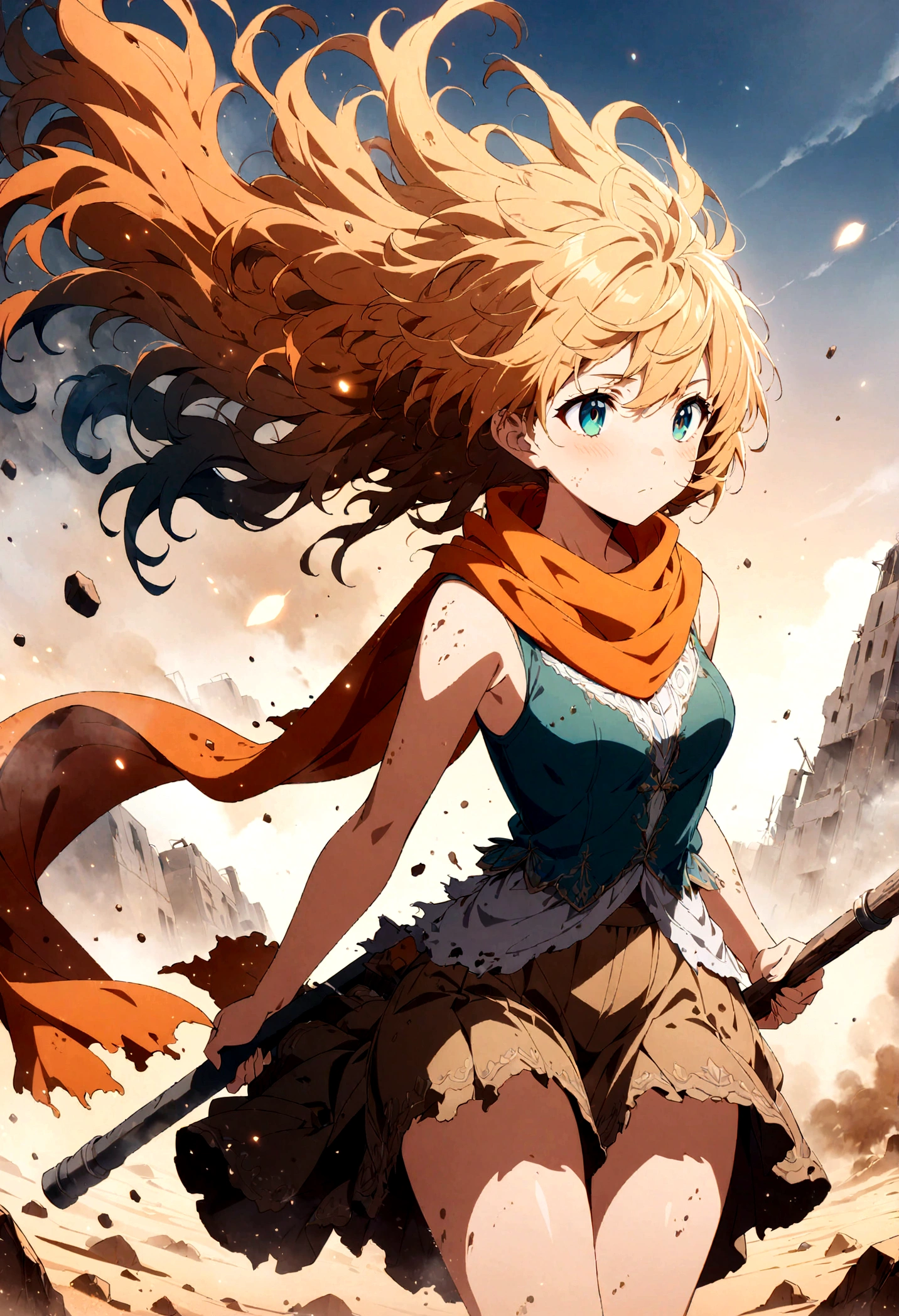 1girl,long scarf,one hand holding flag,barren wasteland,tank,after warzone,sand particles,sandstorm,windy,(masterpiece), (best quality), (ultra-detailed), very aesthetic, illustration, disheveled hair, perfect composition, moist skin, intricate details,orange teal color lookup,anime artwork,vibrant,