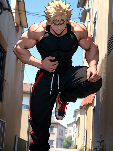 bakugo katsuki《my hero academia》, wear black sweatpants，topless, smile, bodybuilder,extremely muscular， in fitness