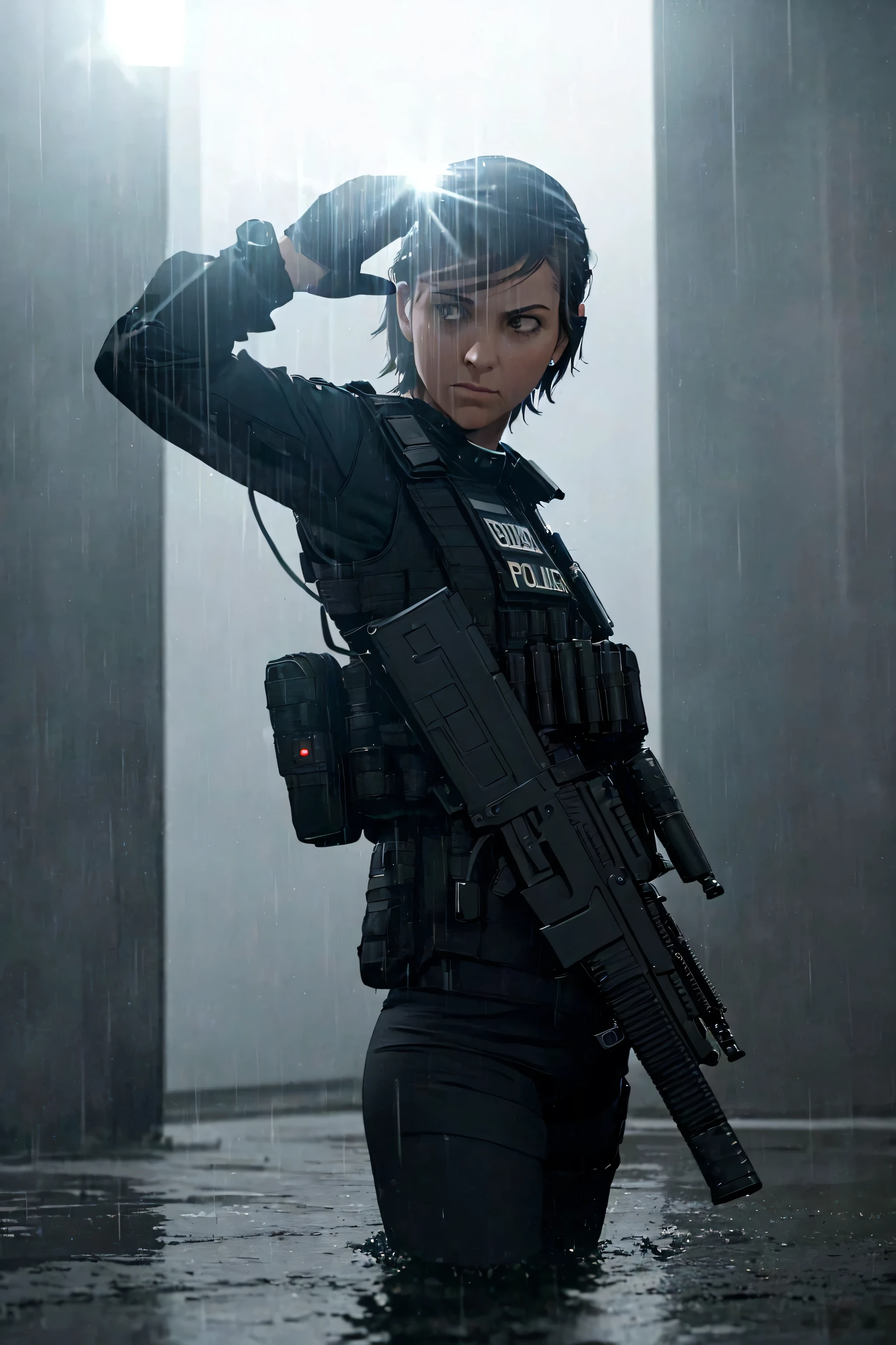 (masterpiece, photorealistic, 8k), 1girl, short hair, police officer, ballistic vest, futuristic city, raining night, patrol car, (siren lights), (backlight:1.6), looking at viewer, realistic, extremely detailed eyes and face, cinematic lighting, dramatic lighting, rainy atmosphere, rain drops, moody colors, dark tones, close