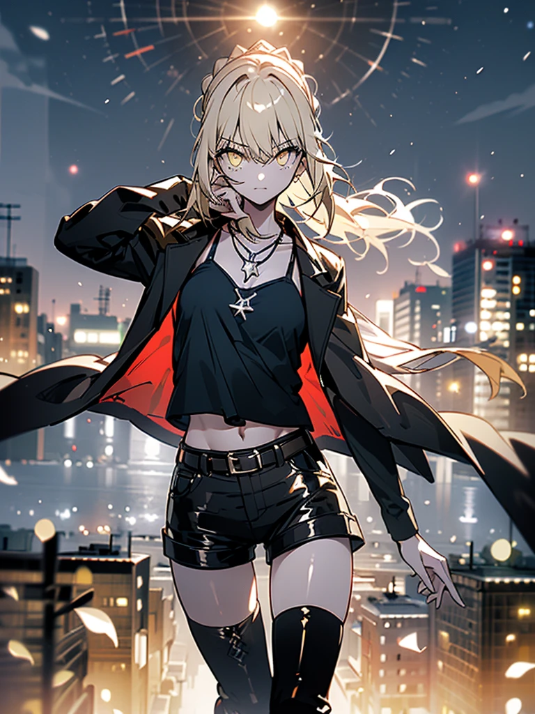 ((masterpiece)), (((HDR))), ((best quality)), (ultra high quality), (hi-res), ((absurdres)), ((1woman)), (sabaltrnd), (sabaltblack), perfect body, perfect anatomy, (yellow eyes), ((small breast)), long legs, (((thigh gap))), (((straight blonde ponytail))), hair ribbon, straight cut bangs, bangs above eyes, ((black jacket with red inside)), ((black camisole)), (black short shorts), ((thigh boots)), belt, jewelry, necklace, cute, facing camera, ((dynamic)), in a city, buildings, outside, nighttime, additional lighting, moon, city lights, sidewalk