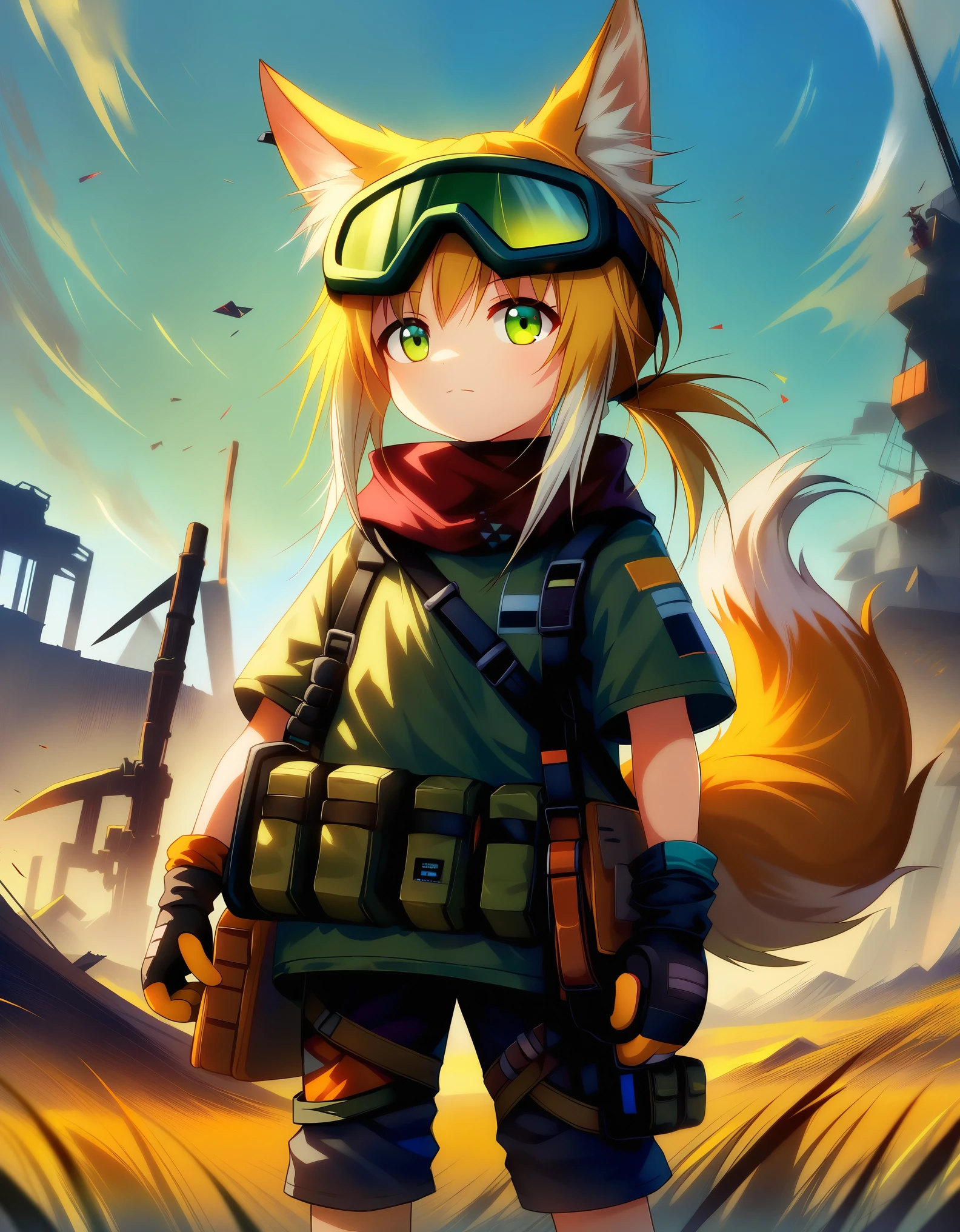 score_9,score_8,score_7, solo,
1girl,suzuran \(lostlands flowering\) \(arknights\),arknights,animal ears,fox ears,blonde hair,goggles,goggles on head,tail,official alternate costume,fox tail,fox girl,green eyes, 